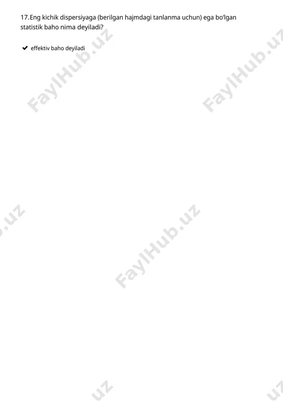 ladi? korrellogramma 44. y=φ(x) koʻrinishdagi bogʻlanish nima deb aytiladi? funksional bogʻlanish 45. kritik nuqtalar deb nimaga aytiladi? kritik soha bilan gipotezaning qabul qilinish sohasi intervallardan iborat boʻlib, ularni birqancha nuqtalar ajratib turadi 46. murakkab gipoteza deb nimaga aytiladi? oddiy gipotezadan boshqa har qanday gipotezalar. 47. bitta miqdoriy kattalik (son) bilan aniqlanadigan statistik baho nima deyiladi? nuqtaviy baho deyiladi 48. varianta qanday aniqlanadi? tanlanmaning har bir elementi 49. notoʻgʻri taʼrifni aniqlang tanlanmaning har bir elementi variatsion qator deb ataladi 50. eng quvvatli kriteriy deb nimaga aytiladi? h0 gipotezani tekshirish uchun keltirilishi mumkin boʻlgan kriteriylar ichida maksimal quvvatga ega boʻlgan kriteriy 1. bitta miqdoriy kattalik (son) bilan aniqlanadigan statistik baho nima deyiladi? nuqtaviy baho deyiladi 1. (l5 ,68437; 17,37563), (15,4186;17,641) 1. 125 1. haqiqatga maksimal oʻxshashlik funksiyasi eng katta qiymatga erishadigan θ^* qiymat nomaʼlum θ parametr uchun haqiqatga ... maksimal oʻxshashlik usuli bilan tuzilgan statistik baholar deb ataladi 1. oraliqli (intervalli) baho …