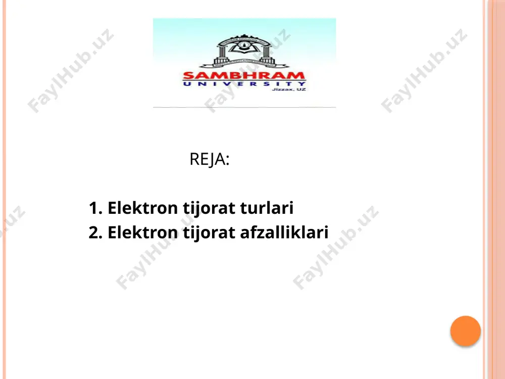 at buyurtmalarini bajarish; - soliq, statistika, bojxona va boshqa hisobotlarni taqdim etish. elektron tijorat afzalliklari xarajatlarni kamaytirish – do‘kon ochish yoki ofis ijaraga olish zarurati yo‘q. 24/7 faoliyat – savdo sutkaning istalgan vaqtida amalga oshiriladi. global bozorga chiqish – mahsulot va xizmatlarni dunyoning istalgan nuqtasiga sotish imkoniyati mavjud. marketing imkoniyatlari – ijtimoiy tarmoqlar, kontekst reklama va seo orqali mijozlarni jalb qilish osonroq. elektron tijorat platformalari – bular onlayn-doʻkoningizning asosi boʻlib, mijozlar koʻradigan doʻkon va mahsulotlar, buyurtmalar va inventarlarni boshqarish uchun backend funksiyalarini ta’minlaydi. ommabop variantlar orasida shopify [shopify dasturi tasviri], woocommerce [woocommerce dasturi tasviri], bigcommerce [bigcommerce dasturi tasviri] va magento [magento dasturi tasviri] kiradi. elektron tijorat platformasi egasi – bu bir nechta sotuvchilar oʻz mahsulotlarini potentsial xaridorlarning katta hovuziga roʻyxatga olishlari va sotishlari mumkin boʻlgan onlayn bozorga egalik qiluvchi va boshqaradigan kompaniyaga ishora qiladi. e’tiboringiz uchun raxmat. image2.jpeg image3.jpeg /docprops/thumbnail.jpeg