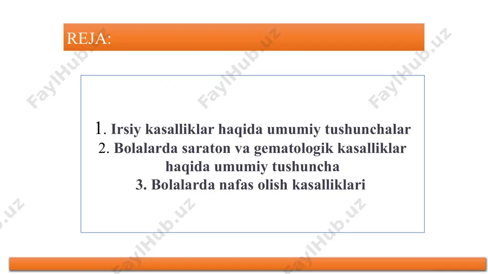 maslahat berish dori-darmonlar jarrohlik amaliyoti gen terapiyasi 8 irsiy nuqsonlari bo‘lgan bolalarni o‘qitish xususiyatlari 1 individual yondashuv 2 qo‘llab-quvvatlovchi muhit 3 maxsus o‘quv dasturlari 9 irsiy nuqsonlari bo‘lgan bolalarni o‘qitishda ehtiyot choralari 1 xavfsizlik bola xavfsizligini ta'minlash uchun qo‘shimcha choralar ko‘rish kerak. 2 sabr bola o‘rganish jarayonida to‘g‘ri va sabrli yondashuv muhim. 3 hamkorlik ota-onalar, o‘qituvchilar va tibbiyot xodimlari o‘rtasida hamkorlik muhim. 10 nafas olish tizimining asosiy kasalliklari: tasnifi yuqori nafas yo'llari kasalliklari rinit, faringit, laringit, tonzillit pastki nafas yo'llari kasalliklari bronxit, pnevmoniya, bronxial astma, sil kasalligi 11 bronxial astma: klinik ko'rinishlari va diagnostikasi xurujlar havo yo'llarining torayishi, quruq yo'tal, nafas qisilishi, ko'krak qafasi siqilishi diagnostika tibbiy tarix, fizik tekshiruv, spirometriya, allergiya testlari 12 sil kasalligi: klinik ko'rinishlari va diagnostikasi yo'tal uzoq davom etadigan yo'tal, balg'am chiqishi isitma tan haroratining ko'tarilishi, terlash og'irlik yo'qotish iste'mol qilinayotgan ovqatga qaramasdan og'irlikning pasayishi 13 bolalarni o'qitishning o'ziga xos xususiyatlari 1 mavzuni tushunish sodda …
