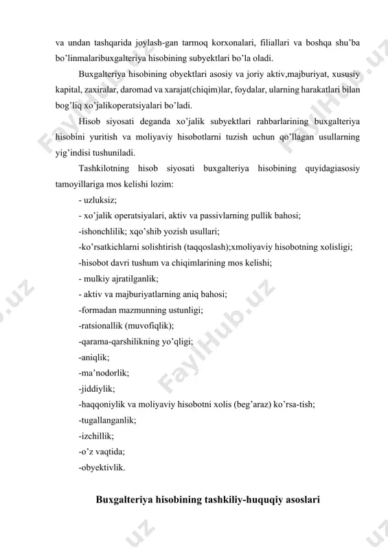 rish zaruriyati taqozo etdi. bozor iqtisodiyoti buxgalteriya hisobi faqat hisob yuritish siyosati va statistika vazifasini bajarib qolmasdan, balki manfaatdor tomonlarga tasarrufida mavjud bo’lgan moliyaviy resurslardan qanday qilib yaxshiroq foydalanish to’g’risida xolis va asoslangan qaror qabul qilishi uchun xo’jalik yurituvchi subyektning faoliyati to’g’risida axborot to’plash, uni qayta ishlash va uzatish vositasiga aylandi. hozirgi paytda buxgalterlar ishiga qo’yiladigan talablar tubdan o’zgarmoqda. buxgalter korxona rahbariga moliyaviy ahvolning barqa-rorligini oshirishga imkon beradigan yo’llami ko’rsatib berishi, iqtisodiy ta`lil, umuman korxonaning pul oqimlari va moliyasini boshqarish bilan, ya’ni moliyaviy menejment bilan shug’ullanishi kerak. buning uchun, eng avvalo, buxgalterlar bhma larini va hisob ishlariga oid me’yoriy-huquqiy hujjatlami bilishlari lozim. ana shundagina buxgalteriya hisobini samarali tashkil qilishga erishish mumkin. mavjud xalqaro amaliyot buxgalteriya hisobini me’yorlar yordamida boshqarishning 4 darajali tizimini ko’zda tutadi. birinchi daraja -qonun hujjatlari, masalan, «buxgalteriya hisobi to’g’risida»gi qonun. ikkinchi daraja -asosiy qoidalar majmui, ya’ni buxgalteriya andozalari. mazkur darajada buxgalteriya tushunchalari va qoidalari shunday belgilanadiki, toki …