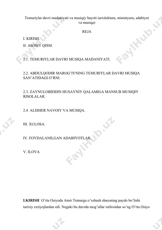 lki butun yaqin va o’rta sharq ellarining musiqa san’ati jadal ravnaq topgan, kamolot cho’qqisiga erishgan, chinakam uyg’onish davri bo’lgan deyish mumkin. zero, bu xalqlar yagona davlatni tashkil etib, o’zaro samarali madaniy aloqalar o’rnatibgina qolmay, ayni vaqtda osiyo va ovro’poning eng yirik mamlakatlari bilan ma’naviy bog’lanish imkoniyatiga ham ega bo’lganlar. amir temur va temuriylar davri o’rta asrlar sivilizatsiyasida muhim ahamiyat kasb etadi. uning ta’siri nafaqat yaqin va o’rta sharqda, balki renessans davri yevropa madaniyatiga ham ta’sir ko’rsatdi[footnoteref:1]. [1: хакимов а. искусства узбекистана: история и современность. 2010 1] xiv asr o’rtalaridan xvii asrgacha bo’lgan davr o’rta osiyo xalqlari, jumladan o’zbek xalqi madaniyati, san’ati va adabiyoti tarixiy taraqqiyotining yangi va sermahsul davri hisoblanadi. bu davrda o’rta osiyo xalqlari ilm-fan, me’morchilik, tasviriy san’at, naqqoshlik, musiqa va boshqa sohalarida hamda badiiy adabiyotda juda katta muvaffaqiyatlarga erishdilar, ulkan olimlar, san’atkorlar va shoirlarni yetishtirib, jahon madaniyati xazinasiga katta hissa qo’shdilar[footnoteref:2]. [2: mallayev n. o’zbek adabiyoti tarixi. birinchi …