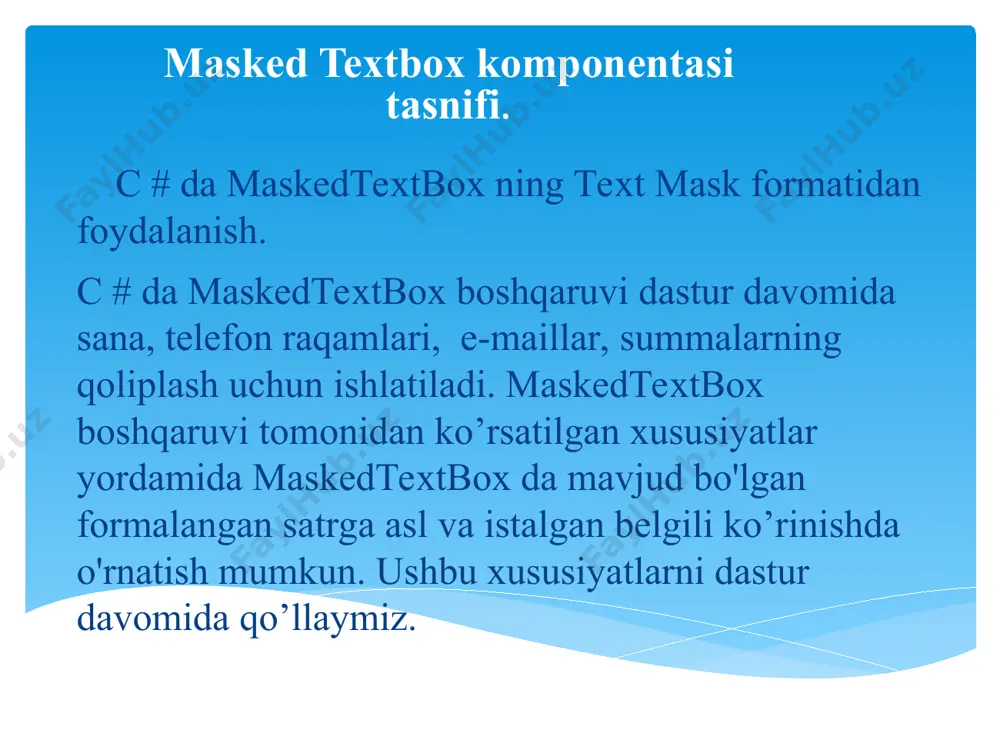yordamchi komponentalarini kiritamiz. openfiledialog yordamchi komponentasining filter xususuyati yordamida bizga kerakli matn formatini kiritamiz. savefiledialog yordamchi komponentasining filter xususuyati yordamida bizga kerakli matn formatini kiritamiz. quyida maskedtextbox kamponentasi yordamida o’zimizga qulay bo’lgan chegaralarni yaratib olamiz: ikkinchi oynamiz yordamida qabul qilingan maxsulot haqidagi ma’lumotlarni maskedtextbox kamponentasida belgilab olgan chegaralarimiz yordamida osongina yozib olishimiz va kompyuter xotirasiga fayl yaratib ularni saqlashimiz mumkin. add text tugmasi yordamida : clean text tugmasini bosganimizdan kegingi holat: form1 using system; using system.collections.generic; using system.componentmodel; using system.data; using system.drawing; using system.linq; using system.text; using system.threading.tasks; using system.windows.forms; namespace masked { public partial class form1 : form { public form1() { initializecomponent(); } private void button1_click(object sender, eventargs e) { if(maskedtextbox1.text=="") { messagebox.show("iltimos parolni kiriting!"); } else if (maskedtextbox1.text == "20001107") { form2 a = new form2(); a.show();} else { messagebox.show("parol xato!"); } } } } form2. using system; using system.collections.generic; using system.componentmodel; using system.data; using system.drawing; using …