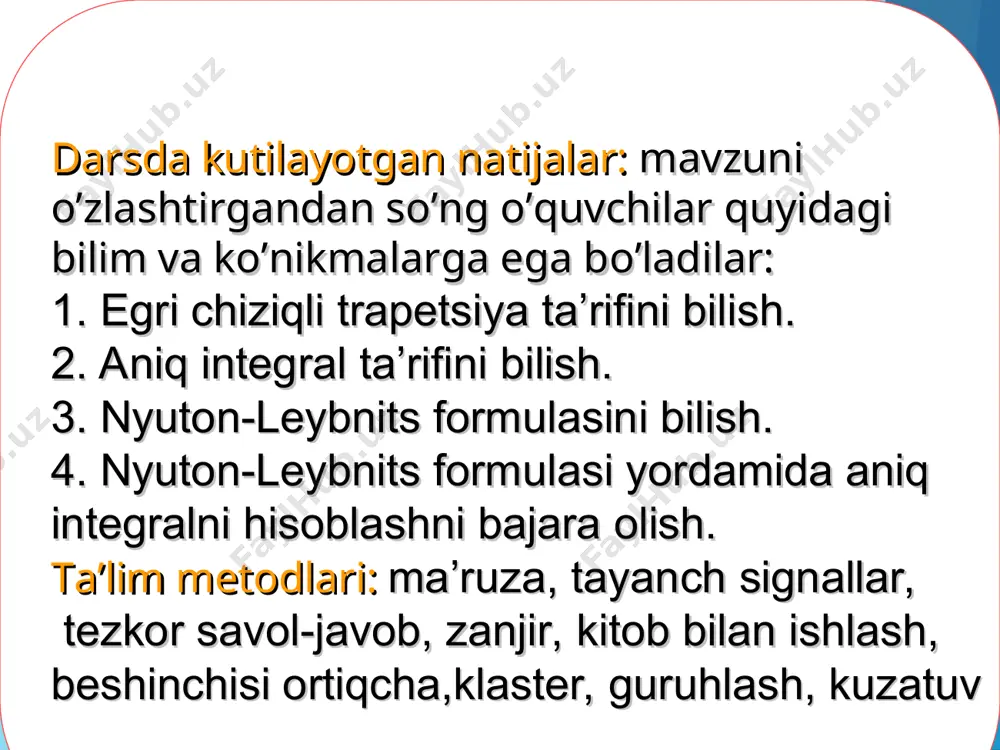 r tezkor savol – javob al-xorazmiy avlodlari guruhi hosila so’zida nechta harf bor? o’tilgan mavzungizning nomini aytig. 7*8=? 56 sonining hosilasi nimaga teng. aniqmas integral ta’rifini ayting. 5 sonining integrali nimaga teng? “al- jabr va al-muqobala” asari muallifi kim? tezkor savol – javob beruniy vorislari guruhi boshlang’ich funksiya qanday belgilanadi? 5 sonining hosilasi nimaga teng? x2 ning boshlang’ich funksiyasi nimaga teng? qonuni- mas’udiy asari muallifi kim? kollej direktorining to’liq ismi sharifini ayting. 7*3=? 21 ning integrali nimaga teng? tezkor savol – javob ulug’bek izdoshlari guruhi hosila so’zining teskarisi ayting. ex ning boshlang’ich funksiyasi nimaga teng? ulug’bekning yulduzlar ro’yxatida nechta yulduz bo’lgan? guruh rahbaringizning to’liq ismi sharifini ayting. yo’nalishingiz nomini ayting. guruhingizda nechta o’quvchi bor? 29 ning hosilasi nimaga teng? beshinchisi ortiqcha al-xorazmiy avlodlari guruhi (2x)/=2. (3)/=0. (x3)/ =3x. (-4)/=0 (x4)/=4x3. beshinchisi ortiqcha beruniy vorislari (3x)/=3. (2)/=1. (x -3)/=-3x-4. (sinx)/=cosx. (x4)/=4x3 . beshinchisi ortiqcha ulug’bek izdoshlari (2+4x)/=4. ((x-2)2)/ =2(x-2). (cosx)/=sinx. (ex)/=ex. …