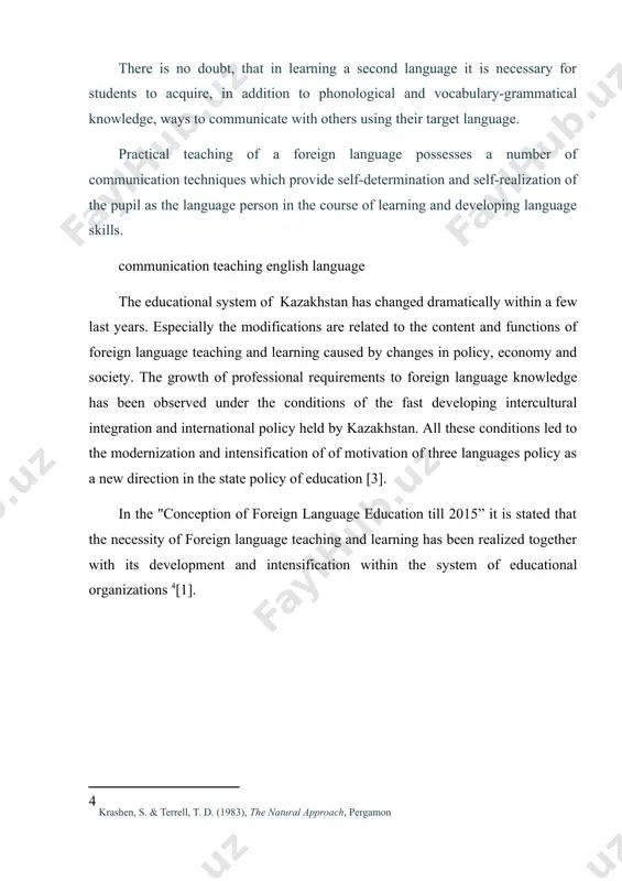 e popular. in the intervening years, the communicative approach has been adapted to the elementary, middle, secondary, and post-secondary levels, and the underlying philosophy has spawned different teaching methods known under a variety of names, including notional-functional, teaching for proficiency, proficiency-based instruction, and communicative language teaching. influenced by s. krashen [9], communicative approach was further developed during the 1980s and 1990s and was concentrated on the communicative functions of language. classrooms were characterized by attempts to ensure authenticity of materials and meaningful tasks. communicative language teaching (clt) emerged as the norm in second language and immersion teaching. as a broadly-based approach, there are any number of definitions and interpretations, but the following interconnected characteristics offered by d. h. brown provide a useful overview: 1. classroom goals are focused on all of the components (grammatical, discourse, functional, sociolinguistic, and strategic) of communicative competence. goals therefore must intertwine the organizational aspects of …