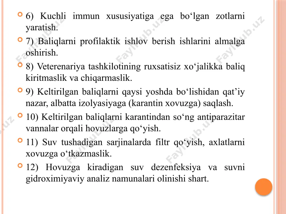 kasallikga barxam berish chora – tadbirlari. saprolegnioz kasalligi paydo bo‘lganda suv xavzalarida zoogigienik sharoit xosil qilib, baliqlar va uvildiriqlarning jaroxatlanishini oldini oladigan choralar ko‘riladi. kasallangan baliqlarni 5% li osh tuzining eritmasi bilan 5 daqiqa ichida yoki metilen ko‘kining 0,05 g/l 12 soatda qo‘llab davvolanadi. uvildiriqlar uchun yuqoridagilardan tashqari formalin eritmasi 1:500 nisbatini 15 daqiqa, mis kuporosi 1:200000 60 daqiqa, kaliy permanganat 1:100000 15 daqiqa qo‘llash tavsiya etiladi. uvildiriqlarning saprolegniozida metilen ko‘kini ishlatishadi. bu veys inkubatsiyali apparatida 0,001g/l – 30 daqiqa, 0,5% li formalin eritmasi 15 daqiqa qo‘yiladi. branxiomikoz branxiomikoz – turli turdagi baliqlarning o‘ta yuqumli (zamburug‘li, mikozli) kasalligi bo‘lib, jabra apparatidagi qon tomirlarning zararlanishi va jabra to‘qimasining nekrozlanib tushib qolishi bilan xarakterlanadi. kasallik g‘arbiy evropaning baliqchilik suv havzalarida uchraydi. bizda bu kasallik qayd etilmagan bo‘lsada, uning kelib qolish xavfi bor. sobiq ittifoqning ukraina va rossiyaning bir qancha oblastlarida uchramoqda. etiologiyuasi karp, sazan va ularning gibridlari, karas, peskar turdagi baliqlarning bronxiomikoz …