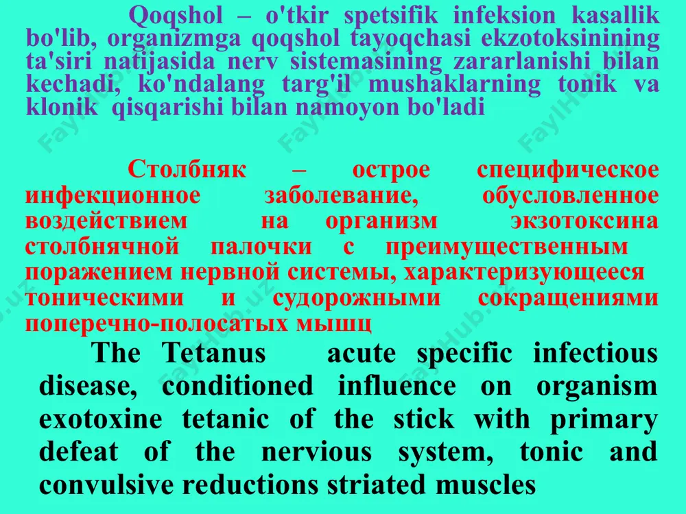 anic stick as saprophite dwells in bowels animal (the sheep, large horned live-stock and so on) and person (pathogenic at parenteral hit) etiologiyasi va patogenezi hayvonlarning chiqindilari bilan yerga tushganida qoqshol tayoqchasi uzoq vaqtgacha shu muhitda saqlanishi mumkin etiologiya i patogenez pri popadanii isprajneniy jivotnix v pochvu stolbnyachnaya palochka mojet dlitelnoe vremya soxranyatsya v etoy srede etiology and pathogenesis at hit of the excrements animal in ground tetanic stick can long time is preserved in this ambience etiologiyasi va patogenezi chang bilan klostridiylar odam terisiga, kiyimlari va atrof buyumlariga tushishi mumkin. shu sababli infitsirlanish nuqtai nazaridan mayda tirnalishlar va shilingan jaroxatlar xavfli sanaladi etiologiya i patogenez s pilyu klostridii popadayut na koju cheloveka, ego odejdu i okrujayushie predmeti. v svyazi s etim daje melkie ssadini i neznachitelnie povrejdeniya koji opasni v smisle infitsirovaniya etiology and pathogenesis with dust clostridiums get on skin of the person, its cloth and surrounding subjects. …