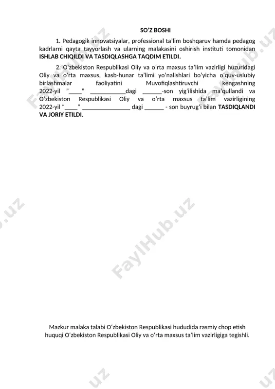larni baholash........................... 14 1. qo‘llanilish sohasi mazkur malaka talabi o‘zbekiston respublikasida dasturiy injiniring mutaxassisi bo‘yicha kadrlar tayyorlashning zaruriy bilimlar mazmuni va kasbiy kompetentsiyasiga qo‘yiladigan talablarni va pirovard maqsadlarini, shuningdek ta’lim oluvchilarning o‘quv yuklamalari hajmi va standart talablarini bajarilishi nazoratini belgilaydi. malaka talabi ta’lim oluvchilarning kasbiy tayyorgarligi sifati va kasbiy kompetentsiyasini baholashda hamda ta’lim muassasalarini attestatsiyadan o‘tkazishda asosiy mezon hisoblanadi. mazkur talablarning bajarilishi professional ta’lim muassasalarining bitiruvchilariga professional ta’limning tegishli darajasini olganligi to‘g‘risida davlat namunasidagi hujjat berilishi uchun asos hisoblanadi. malaka talabi ta’limni boshqarish davlat organlari va ta’lim faoliyati sub’ektlari tomonidan, idoraviy bo‘ysunuvi va mulkchilik shakllaridan qat’iy nazar, tadbiq etilishi majburiydir. ushbu malaka talabi dasturiy injiniring (f.045.060.0037/b-20) va (f.041.060.0035/b-20)larning tasdiqlangan kasbiy standart talablari asosida ishlab chiqildi. 2. kasbiy ta’lim xususiyati 2.1. 50610501- dasturiy injiniring mutaxassisi doirasida beriladigan kvalifikatsiyalar: 1. amaliy dasturlash bo‘yicha mutaxassisi 2. mobil dasturlash bo‘yicha mutaxassisi umumta’lim muassasalarining 11-sinf bitiruvchilari hisobidan shakllantirilgan guruhlarda 2 yillik. kamida umumiy o‘rta ma’lumotga …
