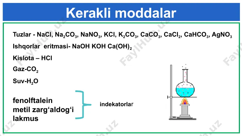 rbonat eritmasidan quying. ca(oh)2 + co2 = caco3 + h2o kuzatish: o‘zgarish kuzatilmadi. kimyoviy reaksiya tenglamasi: caco3+na2co3=? i9 presentation to joe smith ‹#› mustaqil ish № 5 d) uchinchi probirkani qizdiring. kuzatish: tuz qizdirilganda karbonat angidrid gazi va qattiq qoldiq kalsiy oksid hosil bo‘ladi. kimyoviy reaksiya tenglamasi: caco3= (t) cao+co2 i9 presentation to joe smith ‹#› natriy gidroksid-naoh alyuminiy sulfat-al₂(so₄)₃ kalsiy karbonat- caco₃ temir (iii) xlorid- fecl₃ mis(ii) sulfat-cuso₄ rux bo‘lakchasi –zn rux oksidi- zno rux sulfat-znso₄ xlorid kislota-hcl distillangan suv fenolftalein eritmasi i9 presentation to joe smith ‹#› to‘rtta raqamlangan probirkada quyidagi moddalar berilgan: natriy gidroksid kalsiy karbonat alyuminiy sulfat temir (iii)-xlorid qaysi probirkada qanday modda borligini kimyoviy tajribalar yordamida aniqlaymiz i9 presentation to joe smith ‹#› 2-tajriba bizga berilgan mis (ii) sulfat tuzidan foydalanib mis (ii) oksid hosil qilamiz: cuso₄+2naoh→cu(oh)₂↓+na₂so₄ havorang cho‘kma cu(oh)₂ cuo+h₂o qora cho‘kma i9 presentation to joe smith ‹#› i9 presentation to joe smith ‹#› …
