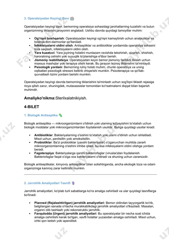 idium botulinum bakteriyasi tomonidan ishlab chiqariladigan botulinum toksini sababli yuzaga keladigan og'ir nevrologik kasallikdir. botulizmning klinik belgilari quyidagilardan iborat: · uyqusizlik va charchoq: bemor juda charchagan va kuchsizlangan bo'ladi. · ko'zlar va yuz mushaklarining paralizi: ko'zlarni qisish va yutish qiyinlashadi, ba'zan ikkiyuzlama ko'rish yoki qo'zg'alanish kuzatiladi. · yutish qiyinlishuvi (disfagiya): bemorning og'zi va tomog'ida mushaklar zaiflashganligi sababli, ovqatni yutish juda mushkul bo'ladi. · nafas olishdagi muammolar: botulizmda nafas olish mushaklari ham ta'sirlanadi, bu esa nafas olishni qiyinlashtirishi yoki nafas olishni to'xtatishi mumkin. · o'tkir tizimli zaiflik va mushaklar paraliysi: kasallik rivojlanganda bemorning tana mushaklari zaiflashadi va ish faoliyati to'xtaydi. botulizmni davolashda toksinni neytrallashtirish uchun maxsus antidotlar (botulinum antitoksini) va intensif terapiya zarur. 3. operatsiyadan keyingi davr 🏥 operatsiyadan keyingi davr, bemorning operatsiya sohasidagi jarohatlarning tuzalishi va butun organizmning tiklanishi jarayonini anglatadi. ushbu davrda quyidagi tamoyillar muhim: · og'riqni boshqarish: operatsiyadan keyingi og'riqni kamaytirish uchun analjeziklar va boshqa dori-darmonlar qo'llaniladi. · …