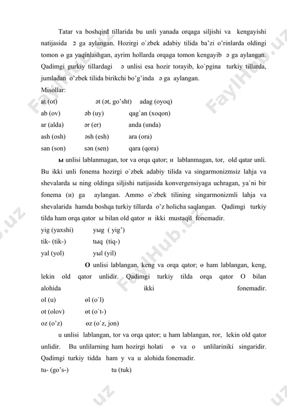 jarangsizligi bilan farq qiladi. bu undosh hamma pozisiyalarda uchraydi: purum (rum), ana tarqan (unvon), mәn (deb) v undoshi, yuqorida aytilganidek, faqat uyg`ur yodnomalarda bor. v faqat so`z o`rtasi va oxirida o`rxun yodnomalaridagi b o’rnida uchraydi: sav (nutq), sәvinch (sevinch). s til oldi-tish, sirg`aluvchi, jarangsiz undosh fonema bo’lib, qalin (velyar) va ingichka (palatal) variantlariga ega. z undoshi s dan faqat jarangliligi bilan farq qiladi. t undoshi s dan faqat portlovchililigi bilan farq qiladi. d undonsh z dan faqat portlovchililigi bilan farq qilib, so`z o`rtasi va oxirida uchraydi. bodun (xalq), od (zamon). n undoshi d dan sonorligi bilan va nazalligi bilan farqlanadi. demak, bu tovush til oldi portlovchi, sonor, yazal undosh bo`lib, so’z boshida kamroq va boshqa pozisiyalarda ko`proq uchraydi. nәng (narsa), ana (ona), bәn (men). l undoshi n dan yon tovushligi va burnaki emasligi bilan farq qiladi. (yon yoki laterial undosh deb o`pkadan chiqqan havoning tilning bir yoki ikki yonidan o`tishi …