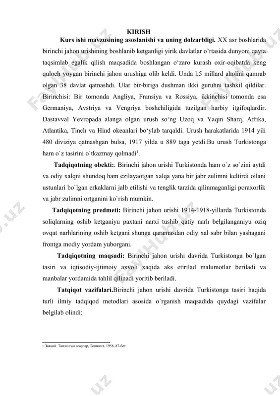 bumga javobi ochib berilgan zoyir choriyev mardikorlika safarbarlik va uning oqibatlari asarida ushbu asarda halqning mardikorlika uzlarining qarashlari xalq harakati ushbu xaql xarakatlari. asosiy markazlari jizzax samarqand sirdaryo toshkent vodiyga tarqaldi asarda aniq malumot olashimiz mumkin. dona ziyoyeva turkistonda miliy ozodlik harakatlari ushbu asarda ham halq harakatlari mardikorlika xalqni reaksiyasi chor rassiyasi qo`zg`olonlarni bostirish haqida malulot olish mumkin. kurs ishi mavzusining nazariy uslubiy asosi. kurs ishi materiallari tarixiylik, ilmiy xolislik va obyektivlik prinsiplari asosida tahlil qilindi. tadqiqot natijalarining nazariy va amaliy ahamiyati. mavzu doirasida olib borilgan tadqiqotlar va olingan natijalar o‘zbek davlatchiligi tarixini, xususan, turkiston hududida olib borilgan boshqaruv tizimi mardikorlik harakati va odiy halqning ushbu harakatga o`z tasirini o`tkazishi va mardikorlika majburan jalb qilinishi pora hurlik odiy halqni ezilishi shu kabi muomolar haqida yoritildi. kurs ishi tarkibining qisqacha tavsifi. kurs ishi ikki bob, tо‘rt paragrif, xulosa, foydalanilgan adabiyotlar rо‘yxatidan iborat. i-bob. birinchi jahon urishining turkistonga tasiri. 1.1. birinchi jahon …