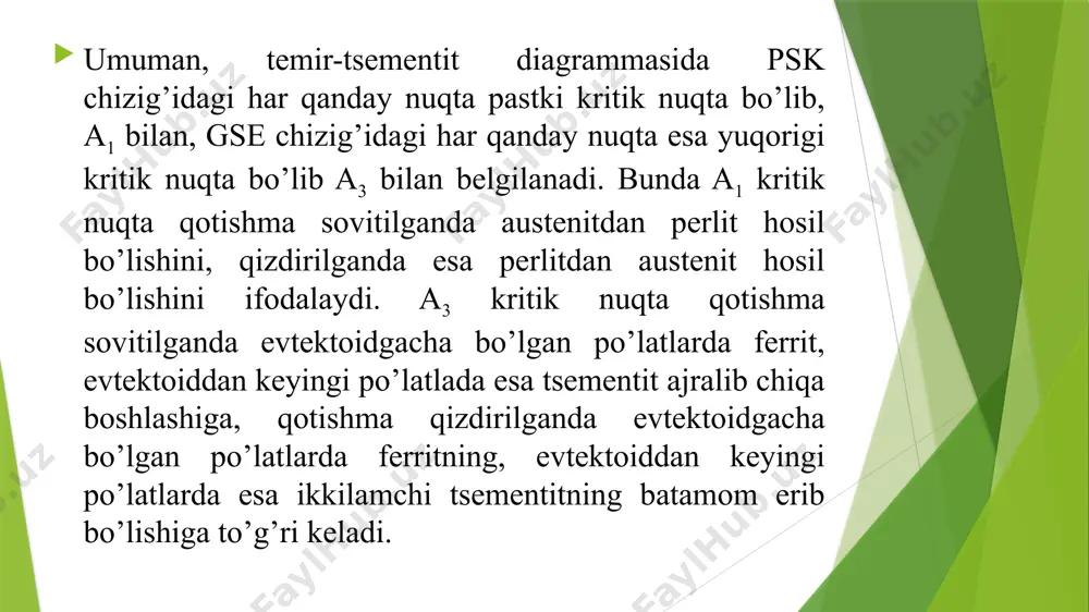 ning eng qattiq strukturasi austenitdan hosil bo’lgan martensit bo’lib, u po’latni kerakli temperaturagacha qizdirib ushlab turgandan keyin suvda tez sovutilganda hosil bo’ladi. sovituvchi muhit sifatida suvdan tashqari uyuvchi natriy yoki osh tuzining 10 % li eritmasi, mashina va transformator moylaridan ham foydalaniladi. po’lat as1 nuqtadan past temperaturagacha qizdirilib, har qanday tezlikda sovutilganda ham uning strukturasi va mexanikaviy xossalari o’zgarmaydi, chunki bunda martensit strukturasi hosil bo’lmaydi. evtektoidgacha bo’lgan po’lat as3 bilan as1 nuqtalar orasidagi temperaturagacha qizdirish yo’li bilan toblansa, qizdirish vaqtida ferritning bir qismi austenitga aylanmay qoladi va strukturasi martensit va ferritdan iborat bo’ladi, ya’ni chala toblanadi. po’latning qattiqligi esa nisbatan oshadi. po’latni qattiqligini butunlay, ya’ni to’la ortirish uchun uni as3 nuqtadan 30 - 50 0c yuqori qizdirilib, so’ngra sovutiladi. bunda po’latning austenit strukturasi butunlay martensitga aylanadi. po’latni toblanishi natijasida qattiqligining ortishi toblanuvchanlik deb ataladi. po’latning toblanuvchanlik darajasi  bilan ifodalanadi va quyidagi formuladan topiladi: bu erda: - toblangan po’latning qattiqligi; …