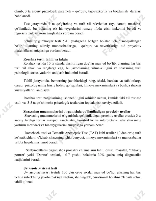 ifoda etish imkonini beradi va regressiv xulq-atvorni aniqlashga yordam beradi. sehrli qo'g'irchoqlar testi 5-10 yoshgacha bo'lgan bolalar uchun mo'ljallangan bo'lib, ularning oilaviy munosabatlariga, qo'rquv va xavotirlariga oid proyektiv materiallarni aniqlashga yordam beradi. rorshax testi: tahlil va talqin rorshax testida 10 ta standartlashtirilgan dog‘lar mavjud bo‘lib, ularning har biri turli xil shakl va ranglarga ega, bu javoblarning xilma-xilligini va shaxsning turli psixologik xususiyatlarini aniqlash imkonini beradi. tahlil jarayonida, bemorning javoblaridagi rang, shakl, harakat va tafsilotlarga qarab, psixolog uning hissiy holati, qo‘rquvlari, himoya mexanizmlari va boshqa shaxsiy xususiyatlarini aniqlaydi. rorshax testi natijalarining ishonchliligini oshirish uchun, kamida ikki xil testlash usuli va 3-5 ta qo‘shimcha psixologik testlardan foydalanish tavsiya etiladi. shaxsning muammolarini o'rganishda qo'llaniladigan proektiv usullar shaxsning muammolarini o'rganishda qo'llaniladigan proektiv usullar orasida 3 ta asosiy turdagi testlar mavjud: assotsiativ, konstruktiv va interpretativ, ular shaxsning yashirin motivlari va his-tuyg'ularini aniqlashga yordam beradi. rorschach testi va tematik aperseptiv test (tat) kabi usullar 10 dan …