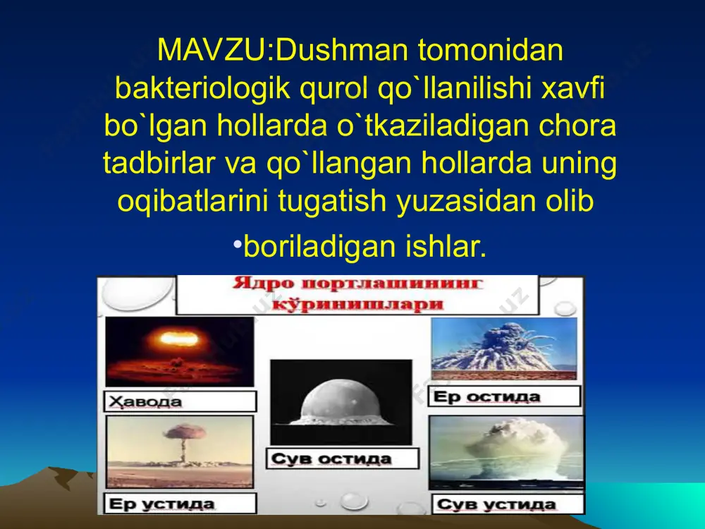 hi mumkin. zamonaviy tibbiyot bakteriologik qurollar qoʻzgʻatadigan kasalliklarning oldini olishga qodir. har qanday yuqumli kasallikning xususiyatlarini oʻrganib, ularga qarshi doridarmonlar tayyorlanadi. organizmda yuqumli kasalliklarga qarshi immunitet hosil qilish uchun butun aholi ichida, harbiy qismlarda har yili emlash tadbirlari oʻtkaziladi. yuqumli kasalliklarni davolash uchun antibiotiklar ham ishlatiladi. zararlanish markazining aylana tevaragiga qurolli qorovullar qo‘yiladi va ruxsatsiz bu erga kirish va chiqish, shuningdek, biror narsa olib chiqish ham qat’iyan ta’qiqlanadi. xalq orasida yuqumli kasalliklarning oldini olish uchun kompleksli epidemiyaga qarshi sanitariyaozodalik ishlari olib boriladi. observatsiya, karantin va xalqni sanitariya ko‘rigidan o‘tkazish, zararlangan erlarni dezinfeksiyalash ishlarini olib borish katta ahamiyatga egadir. zarur bo‘lgan vaziyatlarda chivin-pashshalar, qurt-qumursqalar yo‘q qilinad observatsiya va karantin bakteriyali zaharlanish markazidagi aholi uchun bir qancha ishlarni amalga oshiruvchi maxsus tibbiy ko‘rik tashkil qilinadi. uning vazifasi epidemik o‘z vaqtida bildirishdir. shuning bilan birga bo‘lishi mumkin bo‘lgan kasalliklarning oldini olish ishlari ko‘riladi. oziq-ovqat va suv tozaligi aniqlangandan so‘ng iste’mol qilinadi. observatsiyaning davom …