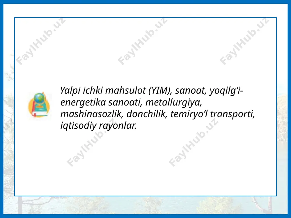 rqiy sibirda faoliyat ko‘rsatmoqda (34-rasm). bunda yenisey va angara daryolarida qurilgan yirik geslarning ahamiyati katta. oltin koni norilsk nikel zavodi angara daryosidagi ges yenisey daryosidagi ges rossiya yuqori darajada rivojlangan rangli metallurgiya sanoatiga ham ega. uning asosiy mahsulotlari – alyuminiy, nikel, mis, oltin, kumush, rux va qo‘rg‘oshin. mis nikel oltin qo‘rg‘oshin rux kumush alyuminiy jumladan, alyuminiy va nikelni qazib olish bo‘yicha jahon­da 2-o‘rin, ularning eksporti bo‘yicha esa 1-o‘rinda turadi (2016-y.). alyuminiy zavodi nikel zavodi mashinasozlik sanoati rossiyada ko‘p tar­moqli tarkib va keng geografiyasi bilan ajralib turadi. rossiyaning mashinasozligi aviakosmik texnika, energetika qurilmalari, vagon, yengil va yuk avtomobillari, qish­loq xo‘jaligi mashinalari, turli dastgohlarni ishlab chiqarishga ixtisoslashgan. vagon energetika qurilmalari aviakosmik texnika avtomobillar qish­loq xo‘jaligi mashinalari turli dastgohlar mam­lakatning eng katta avtomobil zavodi – tolyatti shahridagi «avtovaz» korxonasi. kimyo sanoatining eng muhim mahsu­loti mineral o‘g‘itlar hisoblanadi. barcha turdagi mineral o‘g‘itlarni ishlab chiqarish bo‘yicha rossiya jahonda xitoydan keyingi 2-o‘rinni egallaydi (2016-y.). qishloq xo‘jaligi. …