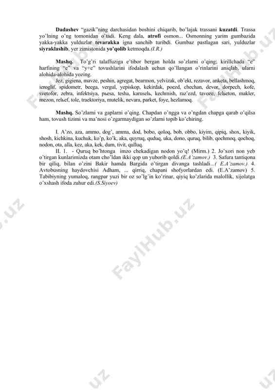 mehnati, qo‘l kuchi bilan topgan rizqidir. 1-mavzuning davomi. orfoepiya. grafika va orfografiya grafika (yozuv) va grafik vositalar. tovush, harf, belgi. alfavit aqidagi bilimlari yuzasidan javob beradi. grafika (yozuv) va grafik vositalar. tovush, harf, belgi. alifbo. mashq.o’qing. tovush va harfni ajrata olmaslik tufayli personaj nutqida yo’l qo’yilgan xatoni toping va nimada xato qilganini ayting. xizmatchi daftar-qalam keltirib, san’atkorning oldiga qo’ydi. - “j” ning kattasi qanday yozilar edi? domlamiz bir kuni ko’rsatgan edi, esimda qolmapti. san’atkorning jahli chiqdi: - endi “j”ga keldingizmi? barjom deganda yoziladi. kechagi barjom og’zi ochiq qolipti, gazi chiqqandan keyin bir pulga qimmat. siz ham dunyoga kelib kulьturniy bo’lsangiz-chi!.. burninngiz terladi, arting, ta’bir joyiz ko’rilsa! san’atkor o’rnidan turib, yotoqqa kirib ketdi. - yotasizmi? – dedi xizmatchi narigi uydan. - nima edi? - “j”ning kattasini ko’rsatib bermadingiz, ertaga domla so’raydigan edilar. qanaqa yoziladi? - kichigini yozib qattiqroq o’qing! (a.q.) mashq. o’qing. so’zlar tarkibidagi yonma-yon qo’llangan bir xil va har xil …