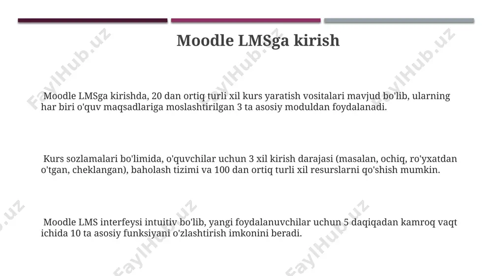 'lumotlar va manbalarga kirish imkoniyatini taqdim etib, o'quv jarayonini boyitish mumkin. ushbu havolalarni to'g'ri url manzili bilan kiritish muhim. resurslarni qo'shishda, ularning nomini aniq va tushunarli qilib yozish, shuningdek, ularni mavzular bo'yicha tashkil qilish orqali navigatsiyani soddalashtirish va talabalar uchun foydalanishni osonlashtirish kerak. moodle'da 10 mb gacha bo'lgan 5 xil turdagi fayllarni (docx, pdf, pptx va boshqalar) qo'shish mumkin, bu esa talabalar uchun turli xil o'quv materiallarini taqdim etish imkonini beradi. kurs nomi va tavsifini belgilash kurs nomi va tavsifini ingliz va o'zbek tillarida yozib, moodle interfeysining ko'p tilli imkoniyatlaridan foydalanish orqali global auditoriyaga yetishish mumkin. kurs nomi kamida 5 so'zdan va maksimal 50 so'zdan iborat bo'lishi, talabalarning kurs mazmunini aniq tushunishlariga yordam beradigan aniq va tushunarli bo'lishi kerak. kurs tavsifi, kursning maqsadi, natijalari, o'quv rejasi haqida qisqacha, 100-150 so'z oralig'ida ma'lumot berishi, kalit so'zlar va teglarni o'z ichiga olishi lozim. anketalarni yaratish moodle'da 5 turdagi savol turlarini (bir nechta …