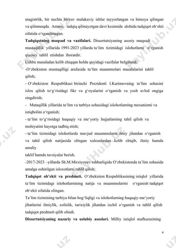 da axborot manbai bo‘la oladi. dissertatsiyaning tuzilishi va hajmi. dissertatsiya kirish, ikki bob, xulosa, foydalanilgan manba va adabiyotlar ro‘yxati hamda ilovadan iborat. i.bob.o’zbekistonning mustaqilligini qo’lga kiritishi va ta’lim masalasiga e’tiborning qaratilishi 1.1. mustaqillikning dastlabki yillarida o’zbekistonda ta’lim sohasidagi islohotlar: muammolar va yechimlar o‘zbekiston mustaqillikka erishgan dastlabki kunlardanoq barcha sohalarda bo‘lgani kabi ta‘lim sohasini rivojlantirish, yosh avlodni har ma‘nan ham jismonan yetuk kadrlar etib voyaga yetkazishga alohida e‘tibor qaratilib kelinmoqda. shu maqsadda 1992 yilda “ta‘lim to‘g‘risida” qonun qabul qilindi va 1997 yil 29 avgustda - “ta‘lim to‘g‘risida”gi qonun‖ning yangi tahriri va - “kadrlar tayyorlash milliy dasturi” qabul qilinishi ta‘lim tizimini takomillashtirish va rivojlantirish uchun katta imkoniyatlarni yaratdi[footnoteref:2]. [2: r.murtazayeva. o’zbekistonning eng yangi tarixi. darslik. –toshkent. 2022. 175 b.] o‘zbekiston mustaqilligining yigirma ikki yilligiga respublikamiz xalq ta‘limi ulug‘ muvaffaqiyatlar bilan kelmoqda. zero, istiqlol shunday tarixiy g‘alabaki, u ijtimoiy, jamiyatning ham, unda yashayotgan kishilarning ham siyosiy taqdirini, mavqeini o‘zgartirib yubordi. o‘zbekiston mustaqilligi – …