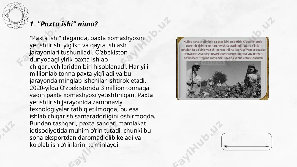 bajarish bosimlari tufayli fermerlar ko‘pincha ma’murlar, rahbarlar va kredit muassasalari tomonidan tazyiqlarga duch kelmoqdalar. ma’lumotlarga ko‘ra, har yili taxminan 20% fermerlar kasalliklar, hosil yetishmovchiligi yoki moddiy qiyinchiliklar sababli belgilangan rejalarni bajarishda qiyinchiliklarga duch kelishadi. 2023-yilda paxta hosili eksportidan mamlakat iqtisodiyoti uchun 1,1 milliard dollar daromad keltirilishi kutilmoqda. shuningdek, so‘nggi yillarda paxta eksporti hajmining oshirilishi natijasida paxta yetishtiruvchilarga qo‘yilgan majburiyatlar bosqichi pasayishi maqsad qilingan. ... t.me/slaydai_bot 7. ekologik oqibatlar: paxta monokulturasi paxta monokulturasi ekologik muammolarni kuchaytiradi. tuproq hosildorligi pasayadi, chunki paxta bir necha yillik ekish natijasida tuproqdagi oziq moddalar kamayadi. paxta mavsumida suv talabi katta bo'lib, suv resurslarining ortiqcha sarfi sodir bo'ladi. masalan, orol dengizining quranishida paxta ekinlarining roli katta. pestitsid va o'g'itlardan keng foydalanish qishloq xo'jalik yerlarining ifloslanishiga olib keladi, bu esa bioxilma-xillikka zarar yetkazadi. mamlakatda yetishtiriladigan paxtaning taxminan 80% eksport qilinadi, bu ichki bozorda resurs taqchilligini keltirib chiqarishi mumkin. paxta ishchilarining salomatligi pesticidlar bilan uzoq muddatli aloqada bo'lish natijasida …