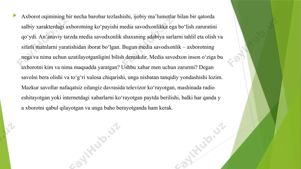 ay vaziyatda toʻgʻri qaror qabul qilish, axborot qayerdan, kim tomonidan va nima maqsadda uzatilyapti, oʻzida kimning manfaatlarini aks ettiryapti degan tushunchalarni shakllantirishga xizmat qiladi. medisavodxonlikning maqsadi har bir medianing ustuvorliklari va kamchiliklarini tushungan holda ular tomonidan tarqatilayotgan axborotni saralay bilish va zarurini qabul qilish koʻnikmalarini shakllantirish boʻlsa, asosiy vazifasi insonlar tomonidan iste’mol qilinadigan har qanday axborotning manipulyativ kuchini anglagan holda undan chegaralanishdir. media savodxonlik mediani o‘rganish bo‘lib, media ta’limning quyidagi natijalariga asoslanadi va o‘z oldiga: – medianing shaxs va jamiyatga ta’sirini tushunish; – ommaviy kommunikatsiya jarayonini anglash; – media matnlarni tushunish va tahlil eta olish; – media kontekstini tushunish; – media matnlarni yaratish va ularni tahlil etish; – media matnlarni baholashga va ularni saralash vazifalarini qo‘yadi. bugungi kunda media, ya’ni ommaviy axborot vositalari, kino, teatr, san’atning turlari, madaniyat sarchashmalari, internet orqali uzatilayotgan har qanday ma’lumot insonongiga o‘zining ma’lum bir ta’sirini o‘tkazib, uning dunyoqarashini o‘zgartirishga sabab bo‘lmoqda. yuqorida tilga olingan tushunchalarning …