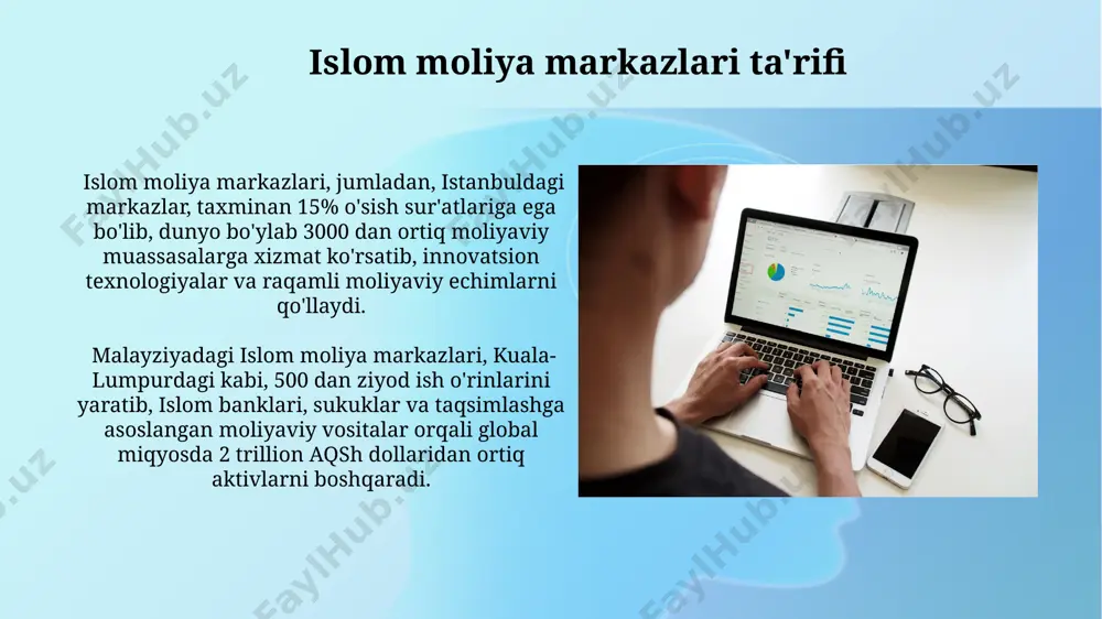 hi, 2025-yilga kelib, saudiya arabistoni va malayziya kabi mamlakatlardagi operatsiyalar samaradorligini 20% ga oshirishi mumkin. yangi islom moliyaviy markazlari janubi-sharqiy osiyo va afrikaning rivojlanayotgan mamlakatlarida, masalan, indoneziya va nigeriyada paydo bo'lib, global miqyosda 5 trillion dollarlik aktivlarni boshqarishga qadar yetishi mumkin. islom moliyaviy institutlari turlari islom moliyaviy institutlari orasida 20 dan ortiq mamlakatlarda faoliyat yuritadigan, 100 milliard dollardan ortiq aktivlarga ega bo‘lgan global miqyosdagi banklar ham, masalan, islom rivojlanish banki kabi xalqaro tashkilotlar ham mavjud. pokistonning karachi shahridagi islom mikromoliya institutlari, 1 million dan ortiq kichik biznesga kreditlar taqdim etib, 3% dan kam foiz stavkasi bilan, qishloq aholisining ijtimoiy-iqtisodiy rivojiga sezilarli hissa qo‘shmoqda. islom moliya markazlarining global tarmog'i islom moliya markazlarining global tarmog'i, taxminan 50 ta davlatda faoliyat yurituvchi 300 dan ortiq islom banklari va moliyaviy muassasalarni birlashtirib, xalqaro hamkorlik va standartlashtirishni kuchaytirmoqda. islom moliya markazlari global tarmog'i 2023 yilda 100 dan ortiq mamlakatda 800 milliard dollarlik aktivlarni boshqargan, bu …