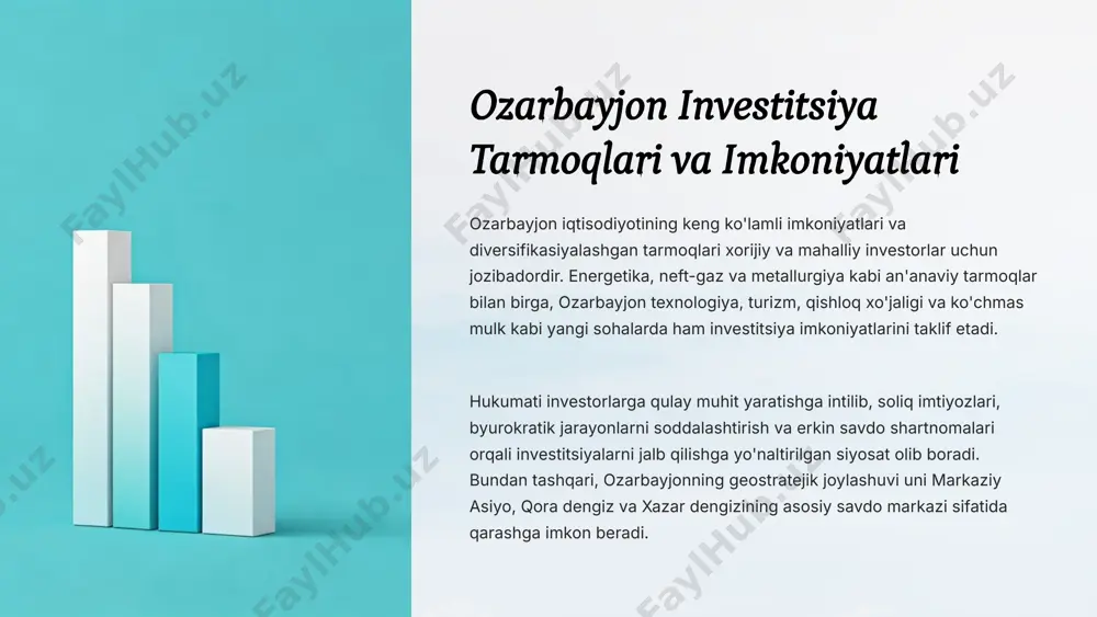 arining asosiy yo'nalishlari - energiya, turizm, qishloq xo'jaligi, infratuzilma, sanoat, texnologiya va xizmat ko'rsatish sohasi. ushbu sohalar iqtisodiyotni diversifikatsiya qilish va rivojlantirish uchun keng imkoniyatlar taqdim etadi. energetika neft va gaz qazib olish va qayta ishlash loyihalari investitsiyalar uchun muhim yo'nalish hisoblanadi. turizm mehmonxonalar, kurortlar, sayyohlik markazlari va infrastruktura loyihalari investitsiyalarni jalb qilmoqda. sanoat qayta ishlash sanoati, metallurgiya va boshqa sanoat tarmoqlari investitsiyalar uchun katta salohiyatga ega. infratuzilma yo'l, temir yo'l, energiya va aloqa tarmoqlari rivojlanishi investitsiyalarni talab qiladi. 7 ozarbayjon investitsiya loyihalarini moliyalashtirish manbaalari ozarbayjon investitsiya loyihalarini moliyalashtirish uchun turli xil manbalar mavjud - xorijiy to'g'ridan-to'g'ri investitsiyalar, grantlar, kreditlar va davlat investitsiyalari. turli moliyalashtirish manbalaridan foydalanish investitsiya loyihalarining samaradorligini oshiradi. xorijiy to'g'ridan-to'g'ri investitsiyalar xalqaro investorlarning bevosita kompaniyalarga yoki loyihalarga investitsiyalari grantlar xorijiy davlatlar va tashkilotlar tomonidan beriladigan bepul mablag'lar kreditlar banklar va moliya institutlaridan olinadigan qarzlar davlat investitsiyalari ozarbayjon hukumati tomonidan investitsiya loyihalarini moliyalashtirish 8 ozarbayjon investitsiya loyihalarida davlat-xususiy …