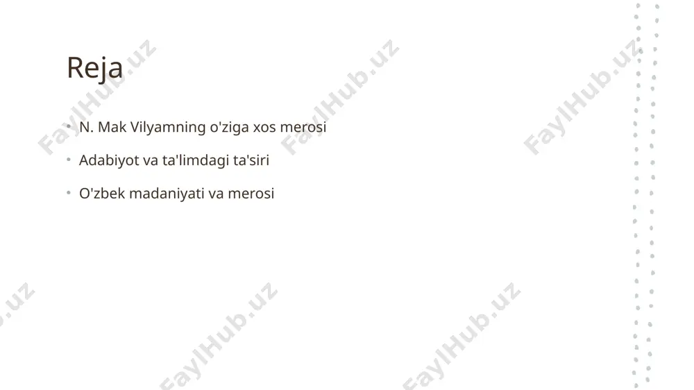 ruhiyatini ifodalaydi. n. mak vilyamning merosi: zamonaviy o'zbekistonda o'rganilishi va qadrlanishi. 1 n. mak vilyam merosi - n. mak vilyamning asarlari va ta'limga qo'shgan hissalari, zamonaviy o'zbekistonda madaniyat va adabiyotning rivojlanishida muhim ahamiyatga ega. 2 o'rganish jarayoni - zamonaviy o'zbekistonda n. mak vilyam asarlari ta'lim muassasalarida o'qitilishi, talabalarga o'zbek madaniyatining boyligini tushunishga yordam beradi. 3 qadrlanish va hurmat - n. mak vilyamning merosi, o'zbekistonda konferentsiyalar, seminarlar va adabiyot festivallarida yuqori baholanib, yosh avlodga namuna sifatida namoyon bo'lmoqda. n. mak vilyam va o'zbek adabiyotining rivojiga qo'shgan hissalari. 1 n. mak vilyamning tasiri - n. mak vilyam o'zbek adabiyotida yangi uslub va g'oyalarni joriy qilib, yozuvchilar va shoirlarga ilhom berdi. uning asarlari zamonaviy adabiyotning rivojiga katta hissa qo'shdi. 2 ahamiyatli asarlar - uning "o'zbek xalqining qissalari" va "beshik" kabi asarlari, o'zbek xalqining tarixiy va madaniy merosini aks ettirib, adabiyotda yangi yo'nalishlar ochdi. 3 yozuvchilar bilan aloqalar - n. mak vilyam boshqa adabiyot …