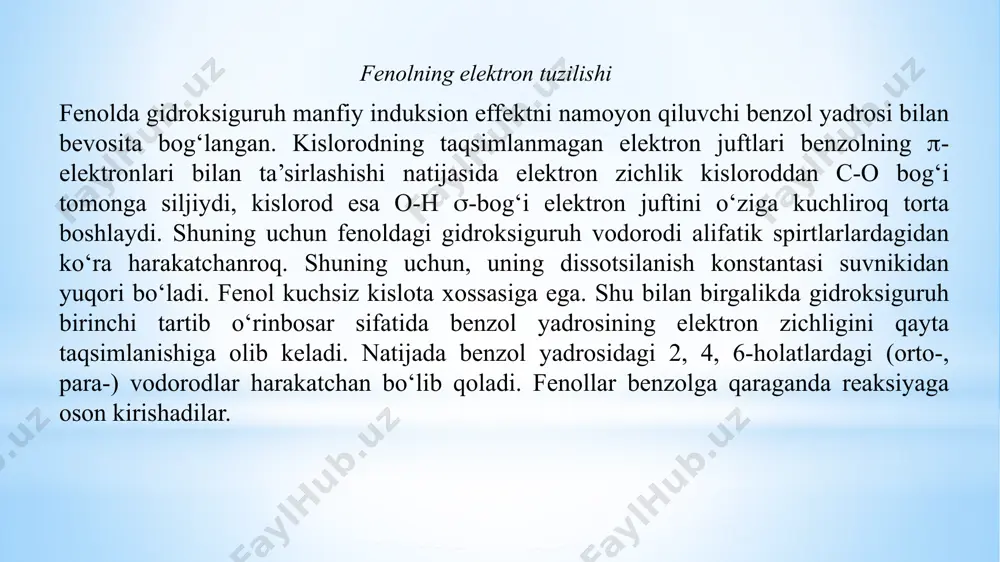 ni bilan qo’shib xaydalganda benzol hosil bo’ladi: i.3 olinishi va ishlatilishi olinish usullari. fenol va uning gomologlari toshko’mir smolasining 180-2300c qaynaydigan bo’lagidan va izopropil benzoldan olinadi.ajratib olinadi. fenollarni sintez yordamida olishning bir necha usullari ishlab chiqilgan. 1. aromatik sulfokislota tuzlarini o’yuvchi ishqorlar bilan qo’shib qizdirilganda fenollar hosil bo’ladi: bu usul yaqin yillargacha sanoatda keng qo’llanilgan. ishqor sifatida o’yuvchi kaliydan foydalanilganda yaxshi natijalar olinadi. fenolning hosil bo’lish unumi sulfolash uchun olingan benzolga nisbatan 60-70% ni tashkil etadi. jarayonni avtoklavda yoki oddiy reaktorlarda olib borish mumkin. bunda qo’shimcha mahsulot sifatida rezotsin (i), florogyulsin (ii) va n,n-dioksidifenil (iii) hosil bo’ladi: natriy fenolyatdan fenol unga suv va co2 ta’sir ettirib olinadi. 2. sanoatda fenol xlorbenzolni katalizator (mis tuzlari) ishtirokida o'yuvchi natriy eritmasi ta’sirida gidrolizlab olinadi. ishlatilishi. fenol ko‘p mikroorganizmlarni o‘ldiradigan modda. tibbiyotda uning 3—5% li eritmasi (karbol kislota) dezinfeksiya vositasi sifatida ishlatiladi. ko‘pgina plastmassa va polimerlar olishda xomashyo hisoblanadi. fenol asosida olingan preparat fenolftalein …
