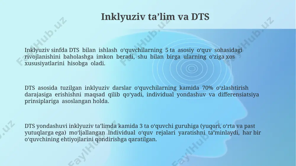 maradorligini oshiradi. interfaol oʻquv usullarini qoʻllash interfaol oʻquv usullarining 3 turi - brainstorming, aqliy xarita va venna diagrammasi - oʻquvchilarning murakkab mavzularni tushunishini va bilimlarini tizimlashtirishini yaxshilaydi, bu esa baholash natijalarini 25% ga yaxshilashga yordam beradi. interfaol oʻquv usullari, jumladan, guruhdagi muhokamalar va rollarni oʻynash orqali, oʻquvchilarning faol ishtirokini 70% ga, fikrlash va muloqot koʻnikmalarini esa 40% ga rivojlantiradi. interfaol oʻquv usullarini qoʻllash, masalan, "beshta barmoq" usuli yordamida, 5 ta asosiy fikrni yodlash va tushunishni 30% ga oshirishi mumkin, bu esa bilim olish jarayonini tezlashtiradi. oʻquv materiallarini tanlash va ularni dtsga moslashtirish oʻquv materiallarini tanlashda, fanlararo aloqalarni hisobga olgan holda, kamida 3 ta turli oʻquv resurslaridan foydalanish tavsiya etiladi (masalan, darslik, qoʻllanma, rasmli kartalar). har bir oʻquv mavzusini dtsga muvofiq, taxminan 5 ta asosiy bilim va koʻnikmalarini oʻzlashtirishga qaratish maqsadga muvofiqdir. dts talablariga muvofiq 1-4-sinf oʻquvchilari uchun moʻljallangan oʻquv materiallari turli xil oʻyinlar, amaliy mashqlar va interfaol faoliyatlarni oʻz ichiga …