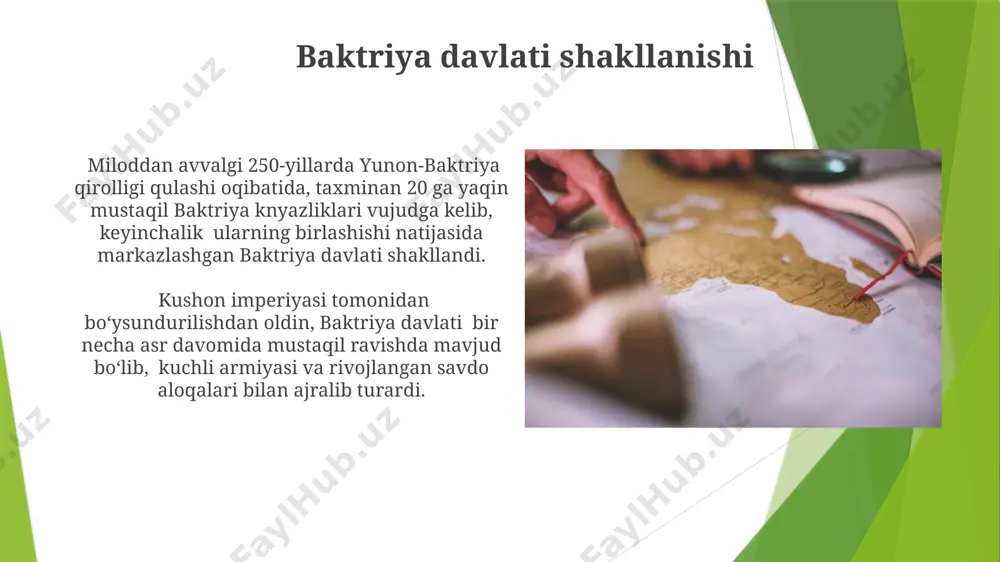 a, markaziy osiyodagi savdo yo'llari nazoratini qo'lga kiritganidan keyin tezlashdi, bu davrda 5 ta yirik shahar markazlari tashkil topdi. sug'd davlati shakllanishi miloddan avvalgi vii asrda, amu daryo vodiysi va zarafshon daryosi o'rtasida, turli qabilalar birlashuvi natijasida yuz berdi, bu jarayonda 30 dan ortiq qabila ishtirok etgan. qadimgi sug'd tarixi qadimgi sug’d tarixi samarqand va buxoro shaharlarini oʻz ichiga olgan keng hududni, taxminan miloddan avvalgi 7-asrda, ahemeniy imperiyasi tarkibida boʻlgan davrni batafsil yoritadi. qadimgi sug’d tarixi, zarafshon vodiysi va uning atroflaridagi qishloq xoʻjaligi va hunarmandchiligining rivojlanishiga oid arxeologik topilmalar va 500 dan ortiq yozuvli manbalarga tayangan holda yozilgan. selevkiy davri va yunon-baktriya qirollari yunon-baktriya podshohlari, diodot i kabi, selevkiy imperiyasidan mustaqillikka erishish uchun 20 yildan ortiq kurash olib borishgan va o‘zlarining mustaqil pul birliklarini zarb qilishgan. miloddan avvalgi 130-yillarda, yunon-baktriya qirolligi yuqori darajadagi madaniy va iqtisodiy rivojlanishni boshdan kechirgan, ayakush shahri kabi yirik markazlarni o‘z ichiga olgan. ahmoniylar davrida sug'd …