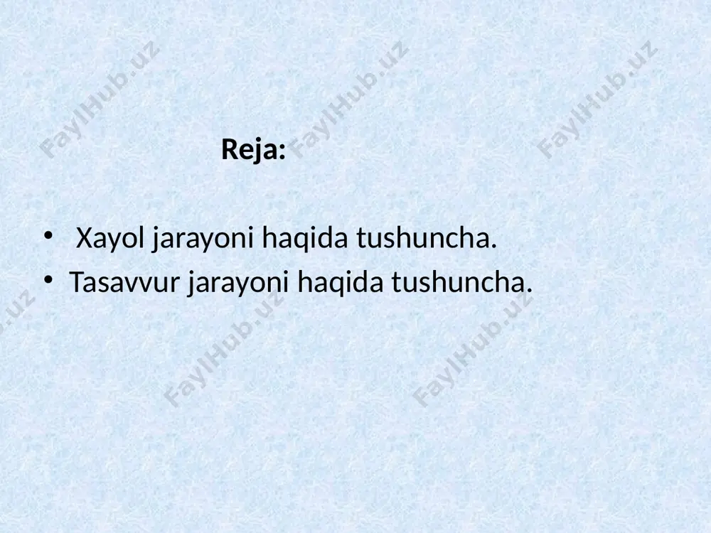 sh – o‘xshatish orqali ayrim tasavvurlarni ular orasidagi farqlarni silliqlash; tipiklashtirish-bir xil obrazlarni qaytarilishi bo‘lib, har bir davr uchun tipik bo‘lgan obrazlarni yaratish masalan: a.kahhor hikoyalari («o‘g‘ri», «bemor») a.qodiriy («o‘tgan kunlar») romani kabilar. aksentlashtirish – ayrim belgilarni ta’kidlash orqali obrazlar yaratish masalan: o‘rtoqlik hazillari. aksentlashtirish badiiy adabiyotlarda juda ko‘p qo‘llaniladi yakka tasavvurlar hamda umumlashgan tasavvurlar bo’ladi. yakka tasavvurlar - “mana shu stol”, “shu qo’g’irchoq”, “shu poezd”ni tasavvur qilishdir. ammo biz juda ko’p stol, qo’g’irchoq, poezdlarni bilamiz va shu tufayli bu buyumlarning umumiy belgilarini ajrata olamiz. mana shunday umumlashtirish narsa va hodisalar haqidagi umumlashgan tasavvur bo’ladi. umumlashgan tasavvurda – ba’zi narsa va hodisalarning o’ziga xos belgilari bilinmay ketadi. tasavvur o’zining bevosita xissiy asosini yo’qotib, narsa va hodisa haqidagi fikr, tushunchaga aylanadi. buning oqibatida biz amalda ko’pincha obrazni real asosda xis qilmay qo’yamiz. eshitish tasavvuri. inson hayotida nutq va musiqaviy tasavvur nihoyat katta rol o’ynaydi. maktabdagi ta’lim tajribasida bu tasavvur ayrim tovushlarning, …