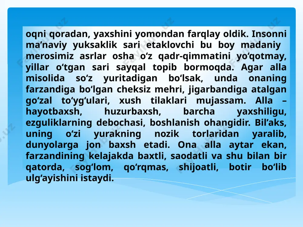 iloyatida xalq og‘zaki ijodining bu janridan foydalanishning o‘ziga xos maktabi yaratilgan, desak mubolag‘a bo‘lmaydi. endi keksalarimiz tomonidan aytiladigan ayrim duolar haqida to‘xtalsak. biror safarga otlanayotganimizda kattalar “oy borib, omon kel”, “yo‘ling bexatar bo‘lsin”, “olloh panohida asrasin”, deya duo qilishadi. yoxud biror xayrli yumushni bajarganimizda “boshing omon bo‘lsin”, “olganing oltin bo‘lsin”, “xonadoning farzandga to‘lsin”, deya duoga qo‘l ochishadi. albatta, ushbu ezgulikka yo‘g‘rilgan tilaklar insonga ruhiy quvvat va o‘ziga ishonch tuyg‘ularini uyg‘otadi. demak, xalq og‘zaki ijodining har bir qirrasida hayotiy haqiqat, xalqimizning orzu-istak va kechinmalari mujassamdir. yana bir haqiqat shundaki, biz hali xalq ijodiyotining barcha jihatlarini o‘rganib ulgurganimiz yo‘q. uning hali bizga notanish qirralari bisyor. hayot davom etar ekan, xalq og‘zaki ijodi ham mazmun-mohiyatini boyitib, o‘z tarbiyaviy ahamiyati jihatidan qadr topib boraveradi. e’tiboringiz uchun rahmat akademik litseylarda xalq og‘zaki ijodi fanining o‘qitilishidagi o‘ziga xos tamoyillari akademik litseylarda xalq og‘zaki ijodi fanini o‘qitishda o‘ziga xos tamoyillarni belgilash ushbu fanning mazmunini o‘quvchilarga chuqurroq va …