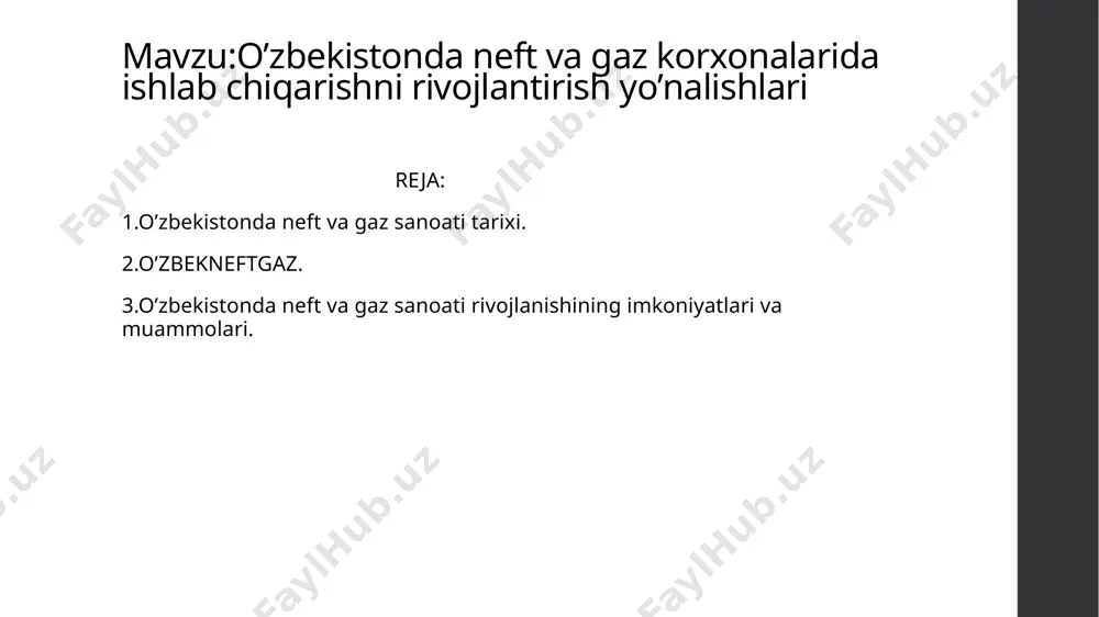 skontinental gaz quvuryoʻllari oʻtkazildi. 3-may 1992-yil oʻzbekiston prezidenti islom karimovning „oʻzbekneftgaz“ neft va gaz sanoati oʻzbekiston davlat konsernini tashkil qilish toʻgʻrisida"gi farmoni imzolandi. 23-dekabr 1992-yil oʻzbekiston respublikasi prezidentining "oʻzbekiston neft va gaz sanoati davlat konsernini „oʻzbekneftgaz“ neft va gaz sanoati milliy korporatsiyasiga aylantirish toʻgʻrida" farmoni eʼlon qilindi. 11-dekabr 1998-yil oʻzbekiston respublikasi prezidentining "oʻzbekneftgaz neft va gaz sanoati milliy korporatsiyasini „oʻzbekneftgaz“ milliy xolding kompaniyasiga aylantirish toʻgʻrida" gi farmoni imzolandi. „oʻzbekneftgaz“ mxk — bir butun birlashgan uch pogʻonali xolding kompaniya. kompaniyani amaldagi boshqaruv tizimi „oʻzbekneftgaz“ milliy xolding kompaniyasi faoliyatini tashkil etishni takomillashtirish chora-tadbirlari toʻgʻrisida" oʻzbekiston respublikasi prezidentining 2006-yil 21-avgustdagi pq-446 son qarori va oʻzbekiston respublikasi prezidentining 2008-yil 1-iyuldagi pq-906 son „oʻzbekneftgaz“ milliy xolding kompaniyasi ijro etuvchi apparatining tashkiliy tuzilmasiga oʻzgartishlar kiritish toʻgʻrisida"gi qaroriga muvofiq tasdiqlangan. respublika sanoati barqaror, jadal va mos ravishda rivojlanishini, qayta oʻzgartirishlar strukturasini chuqurlashtirish, soha komplekslari va sanoat korxonalarini modernizatsiyalash, ishlab chiqarishni texnik va texnologik yangilash asosida uning asosiy …