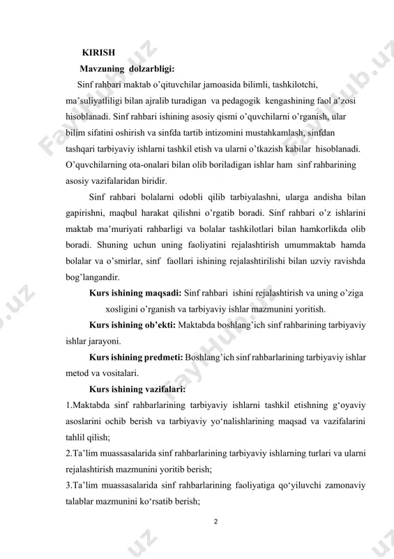 hlarning turlari va ularni rejalashtirish mazmunini yoritib berish; 3.ta’lim muassasalarida sinf rahbarlarining faoliyatiga qo‘yiluvchi zamonaviy talablar mazmunini ko‘rsatib berish; kurs ishining metodologik asoslari: o‘zbekiston respublikasining konstitutsiyasi; “ta’lim to‘g‘risida”gi qonun va “kadrlar tayyorlash milliy dasturi”, sh.мirziyoyevning “qonun ustuvorligi va inson manfaanlarini ta’minlash – yurt taraqqiyoti va xalq farovonligining garovi”asari, “sog‘lom avlod” davlat dasturi; «o‘zbekiston respublikasida umumiy o‘rta ta'lim maktablarining sinfrahbarlari to‘g‘risida»gi nizom. o‘zbekiston respublikasi xalq ta'limi vazirligining 2001-yil 9-noyabrdagi 163-sonli buyrug‘iga ilova yosh avlodni shakllantirish to‘g‘risidagi vazirlar mahkamasi tomonidan chiqarilgan qarorlar; yoshlarda umuminsoniy qadriyatlarga sodiqlikni tarbiyalashga oid sharq mutafakkirlarining asarlari, fikrlari, pedagogik, psixologik, didaktik manbaalar xizmat qiladi. kurs ishining tuzilishi va xajmi: kirish, 4ta reja, xulosa, foydalanilgan adabiyotlar ro’yxatidan iborat bo’lib, jami -- sahifani tashkil qiladi. 1. «o‘zbekiston respublikasida umumiy o‘rta ta'lim maktablarining sinf rahbarlari to‘g‘risida»gi nizom. o‘zbekiston respublikasi xalq ta'limi vazirligining 2001-yil 9-noyabrdagi 163-sonli buyrug‘iga ilova i-umumiy qoidalar umumiy o‘rta ta'lim muassasalarida sinf rahbari faoliyati o‘zbekiston respublikasi «ta'lim to‘g‘risida»gi qonuni, …