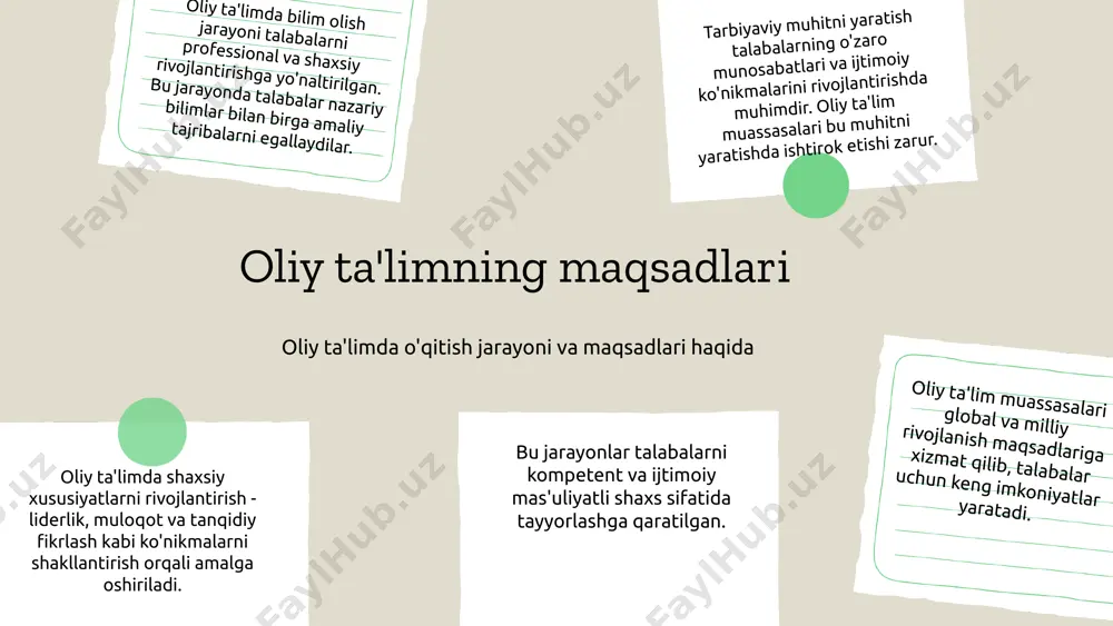 olishga yordam beradi. tayyorgarlik oliy maktab pedagogikasi kelajakdagi kasbiy faoliyatga tayyorgarlikni ta'minlaydi, talabalar zarur ko'nikmalarni egallaydilar. bilim berish jarayoni ta'limning asosiy tarkibiy qismi bo'lib, u o'quvchilarga bilim, ko'nikma va malakalarni o'rgatish maqsadida amalga oshiriladi. bu jarayonda samarali muloqot va hamkorlik muhim rol o'ynaydi. o'qitish metodlari va uslublari ta'lim jarayonida turlicha yondashuvlarni o'z ichiga oladi. traditsion darslardan tortib, interaktiv uslublarga qadar, har bir metod ta'lim jarayonini samarali tashkil etish uchun mo'ljallangan. talabalar o'quv jarayonida faol ishtirok etishi, ularning bilim olishda qiziqishini oshirish va o'z fikrlarini erkin ifoda etishlariga yordam beradi. bu ta'lim sifatini oshirishga xizmat qiladi. bilim berish jarayoni tarbiyalash jarayoni tarbiyalashning maqsadi - talabalarning axloqiy va etika qadriyatlarini rivojlantirish, ularni jamiyat uchun mas'uliyatli va axloqli shaxslar sifatida tayyorlashdir. talim jarayonida talabalarga to'g'ri va noto'g'ri tushunchalar, axloqiy me'yorlar o'rgatiladi, bu esa ularning kelajakdagi qarorlariga ta'sir qiladi. oliy ta'limda etik va axloqiy qadriyatlar muhim o'rin tutadi. tarbiyaviy faoliyatlar orqali talabalar hayotiy muammolarni …