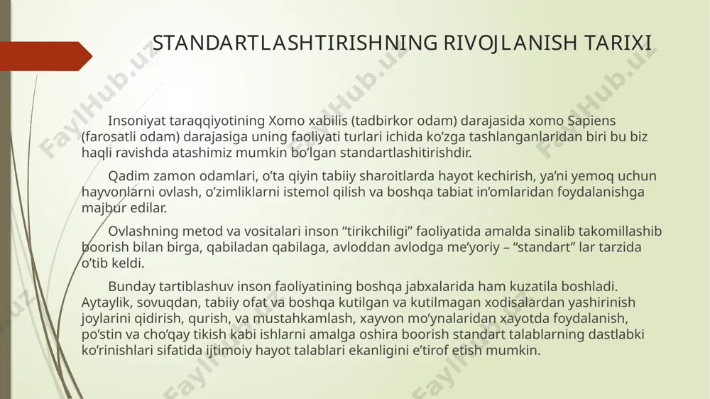 italarining elementlari o’zaro almashuvchan bo’lishi ta’minlangan edi. shuningdek imperiya shahar hududi suv ta’minotida bir xil diametrli boshlang’ich diametric taxminan 95 mm, tarnov (truba)lar ishlatilib, boshqa o’lchamlari taqiqlangan edi. feodalizm tuzumi davrida, quldorlikka nisbatan taraqqiyot yanada jadallashib va juda ko’p buyum va vositalar o’zlarida standart elementlarini mujassamlashtira bordi. bu borada xii-xiv asrlarda germaniya hunarmandchiligida yuz bergan ba’zi bir tartiblashtirilgan, masalan mahsulot sifati, ish vaqtining davomiyligi, shogirdlar soni, ish usullari va shu kabilarni belgilab qo’yish amalga oshirildi. to’qimachilik sanoatida 1298-yillarda sifat va o’lcham uchun me’yorlar o’rnatildi. standartlashtirishning asosiy tushunchalari standart – bu ko’pchilik manfaatdor tomonlar kelishuvi asosida ishlab chiqilgan, ma’lum soxalarda optimal tartiblashtirishga yo’naltirilgan faoliyatning har xil turiga yoki natijalariga tegishli bo’lgan umumiy va takror qo’llaniladiga qonun qoidalar tavsiflari, talablar va usullar belgilangan va tan olingan idora tomonidan tasdiqlangan me’yoriy hujjatdir. standartlashtirish – bu barcha manfaatdor tomonlar ishtirokida umumfoydali, jumladan, iqtisodiyotga erishishda takrorlanadigan vazifa (jarayon)larning umum maqbul yechimini topish uchun foydalanish sharti, …