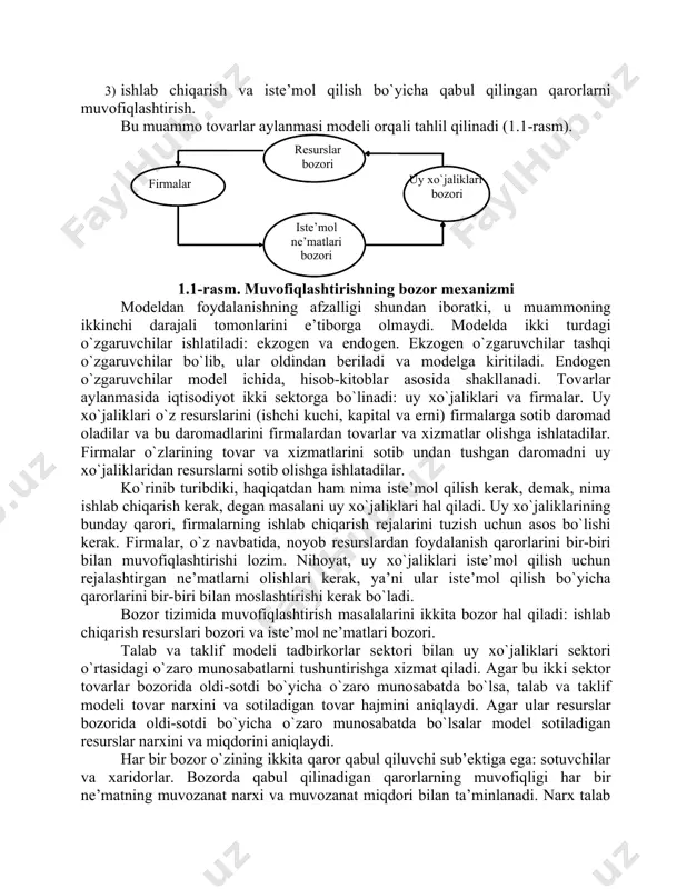 liyatga intilishi, ya’ni eng kam resurslarni sarflab, o`zining eng ko`p ehtiyojlarini qondirishi haqidagi fikrdir. bu ko`plab variantlar ichidan inson cheklangan resurslardan yaxshiroq foydalanishga intilib, eng yaxshisini tanlashini bildiradi. agar resurslar mutloq cheklangan bo`lganida, tanlov mumkin bo`lmasdi. agar cheklanganlik bo`lmaganida, unda tanlov kerak bo`lmasdi. tanlash muammosi cheksiz, chunki biz bitta qaror bilan cheklanmasdan, ularning ko`piga egamiz. nimalar o`rtasida tanlov boradi? resurslardan foydalanishning eng yaxshi variantlari o`rtasida. resurslardan foydalanishning eng yaxshi varianti kam xarajatlarda eng yuqori natijani ta’minlovchi variant bo`ladi. 3. xo`jalik muammolarini hal etishda mikroiqtisodiyotning amaliy ahamiyati. bozor tizimida noyob ne’matlar muammosi quyidagi ikkita tamoyillar asosida echiladi: - optimallashtirish tamoyili - har bir faoliyatdan va resurslardan foydalanishdan maksimal foyda olish; - alternativ xarajatlar tamoyili - noyob resurslardan foydalanish yo`nalishlarining barchasidan olinadigan foyda va xarajatlarni solishtirish orqali. iqtisodiy sub’ektlar rasional harakat qilish tamoyiliga ko`ra o`z maqsadlariga erishishi uchun xo`jalik faoliyatida faol qatnashadilar, buning asosiy mohiyati shundan iboratki, iqtisodiy sub’ektlar berilgan resurslardan foydalanishdan …