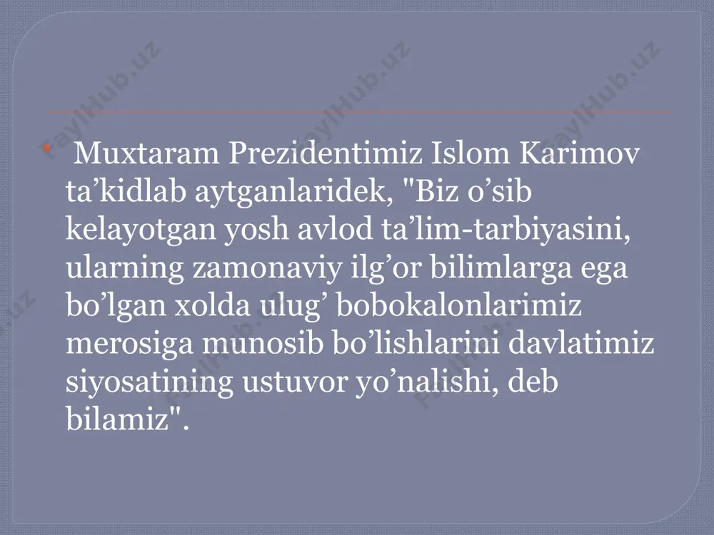 riy etish oilani namunali tarbiya maskaniga aylantirish vositasidir. x u l o s a agar inson bir yil to’kin-sochin, baxtli yashashni istasa bug’doy, sholi ekib, unib-o’stiribm, yig’ib –terib, bir yil rohatni ko’radi. agarda, u 10 yil shunday yashashni xohlasa mevali daraxt ekib bog’ yaratadi va rohatini ko’radi. inson bir umr rohat-farog’atdam baxtli-saodatli umr kechirishni xohlasa oqil va dono, solih va soliha, tarbiyali komil farzandlarini voyaga yetkazadi. chunki, hamma havas qiladigan tarbiyali farzandlar nafaqat ota-ona balki, oila, jamiyat va yurt ravnaqining bosh negizidir. barchamizga ma’lumki, oila hayotning abadiyligini ta’minlaydi. bu dargoh yurt farzandlarini jamiyat va elga manfaatli jismonan va sog’lom bo’lib voyaga yetishini ta’minlovchi, millatning urf-odatlari va an’analarini saqlovchi tarbiya o’chog’i hamdir. oila jamiyatning eng asosiy bo’g’inidir. yurt ravnaq topishi, biz bunyod etayotgan oilalarga bog’liqdir. oila – havasli bo’ston oilangizni saqlang image2.jpeg image3.jpeg image4.jpeg image5.jpeg image6.png image7.jpeg image8.jpeg /docprops/thumbnail.jpeg