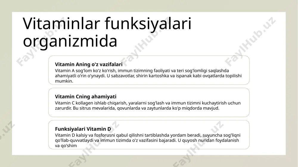 li biberlar, sog'liqni saqlash uchun zarur c vitaminining boy bog'liq manbalari. 3 vitamin c kaminligining ta'siri vitamin cning yetarlichasi immun tizimni kuchaytirishi mumkin, shuningdek, organizmni infektsiyalarga va kasalliklarga qarshi ko'ngil qilishga olib kelishi mumkin. kuchning osiyo salomatligi uchun vitamin d kuchining uzunlik sog'liq uchun vitamin dning ahamiyati vitamin d kalsiyumni qabul qilishda ahamiyatli rol o'ynaydi, bu esa kuchli va sog'lom suyaklarni saqlash uchun zarur. vitamin d manbalari quyosh, somon va makkarel kabi yag'li baliqlar, va sut va apelsin sharbat kabi qurutilgan ovqatlarda. vitamin d kaminligining xavfiyatlari yetarli vitamin d osilishi, uzun muddatda osilgan suyaklarni kuchaytirish, qirg'izilgan yaralanishlarning o'sishiga va osteoporoz kabi holatlarga olib kelishi mumkin. vitamin e kabi antioksidant 1 2 3 vitamin ening o'z vazifalari vitamin e ni taom manbalari vitamin e foydali xususiyatlari vitamin e antioksidant sifatida faol bo'ladi, bu erkin radikallar tomonidan kelib chiqarilgan zararlarni qutqaradi, ular qorong'u va turli kasalliklarga sabab bo'lishi mumkin. oziq-ovqatlar ichida vitamin …