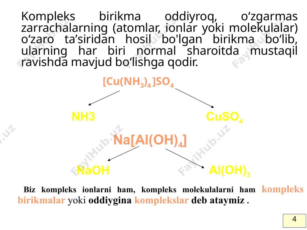 k izomeriya mx4y2 – ikkita izomer, mx3y3 – ikkita izomer oot, 1 kurs. bahor 2025 20 bir xil bir xil kristall maydon nazariyasi ligandlar - nuqtaviy zaryadlar (kristall maydon). ligandlar va markaziy atom o‘rtasidagi bog‘ - sof ion bog‘dir. markaziy atomning qo‘zg‘algan d-pastki darajasi ligand maydoni ta’sirida muhit simmetriyasiga mos ravishda bo‘linadi. oot, 1 kurs. bahor 2025 21 nima uchun bo'linish sodir bo‘ladi? turli d-orbitalar birinchi koordinatsion sferaning nuqtaviy zaryadlari bilan turlicha o‘zaro ta’sir qiladi. 22 oot, 1 kurs. bahor 2025 ligandlarning spektrokimyoviy qatori: co, cn– > nh3 > h2o > oh– > f– > cl– yuqori va past spinli komplekslar. 21 oot, 1 kurs. bahor 2025 komplekslarni bo‘yashlishi [cu(h2o)6]2+ [cu(nh3)4(h2o)2]2+ 22 oot, 1 kurs. bahor 2025 ammiak (aminlar) akva komplekslari turli maydonlardagi bo‘linish. 23 oot, 1 kurs. bahor 2025 o (aniq) o 3  2  o t2g eg o 12  1  2 2 d x  …