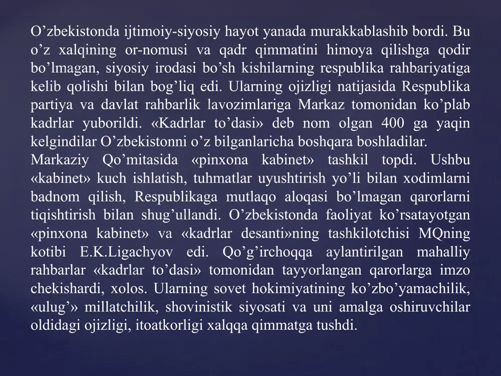 i berish, boshqaruvning ma’muriy buyruqbozlik usulidan voz kechish kabi dolzarb masalalarni ko’tardilar. 1989 yilning may-iyun oylarida farg’onada fojiali voqealar sodir bo’ldi. 45 yil muqqadam stalin bedodligi natijasida o’z yeridan badarg’a qilingan mesxeti turklarini o’zbek xalqi o’z bag’riga olgan, ularga mehribonlik qilgan edi. tub yerli aholi bilan mesxeti turklari qardoshlik aloqalarini bog’lab, inoqlashib yashardilar. biroq, 1989-yil 20-mayda quvasoyda tub yerli aholi bilan mesxeti turklari guruhlari o’rtasida mushtlashish sodir bo’ldi. respublika rahbariyatining voqeani to’g’ri baholay olmaganligi va tezkorlik bilan zarur choralar ko’rmaganligi oqibatida vaziyat murakkablashdi va etnik mojaroga aylanib, qon to’kilishiga olib keldi. yangi yo’l 1989-yil 23-iyun kuni bo’lib o’tgan o’zbekiston kompartiyasi mqning xiv plenumida islom abdug’anievich karimov o’zbekiston kompartiyasi mqning birinchi kotibi etib saylandi. i.a. karimov boshliq yangi rahbariyat tomonidan o’zbek xalqining milliy o’zligini anglashi kuchayib borayotganligi birinchi bor etirof etildi. xalqning shon-shuhrati, qadr-qimmatini himoya qilish, milliy mustaqillikka erishish tomon yo’l olindi. respublikada kadrlarni tanlash, joy-joyiga qo’yish va tarbiyalash masalalarida milliy …