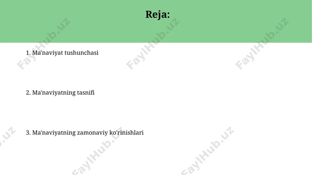 viy rivojlanish jarayonida 7 bosqichdan o'tish kuzatiladi, ularning har biri shaxsning dunyoqarashi va hayotga bo'lgan munosabatiga ta'sir ko'rsatadi. ma'naviyat shaxsning o'z-o'zini anglashi, 5 ta hissiy-ruhiy holatlarni boshqarish va ijtimoiy javobgarlik tuyg'usini rivojlantirish orqali namoyon bo'ladi. ma'naviyat tushunchasi “ma’naviyat tushunchasi” 3 ta asosiy tarkibiy qismdan: axloq, e’tiqod va madaniyatdan iborat boʻlib, ular oʻzaro chambarchas bogʻliqdir va insonning ichki dunyosini 360 daraja qamrab oladi. “ma’naviyat tushunchasi” psixologik, ijtimoiy va fiziologik 3 omilning oʻzaro ta’siriga bogʻliq holda shakllanadi va insonning 7 ta asosiy ehtiyojini qondiradi. zamonaviy dunyoda ma'naviyat ma'naviy qadriyatlarning tiklanishiga qiziqish 5 yil ichida 15% ga oshgan bo'lib, bu meditatsiya, yoga va turli xil ruhiy amaliyotlarning ommaboplashuvi bilan bog'liq. zamonaviy dunyoda ma'naviyat inqirozi ko'plab yoshlar orasida 20-30% gacha kuzatilib, individualizm va materializmning ustunligi bilan bog'liq. e'tiboringiz uchun rahmat @taqdimot_robot image1.jpg image2.jpg image3.jpg image4.jpg image5.jpg image6.jpg image7.jpg