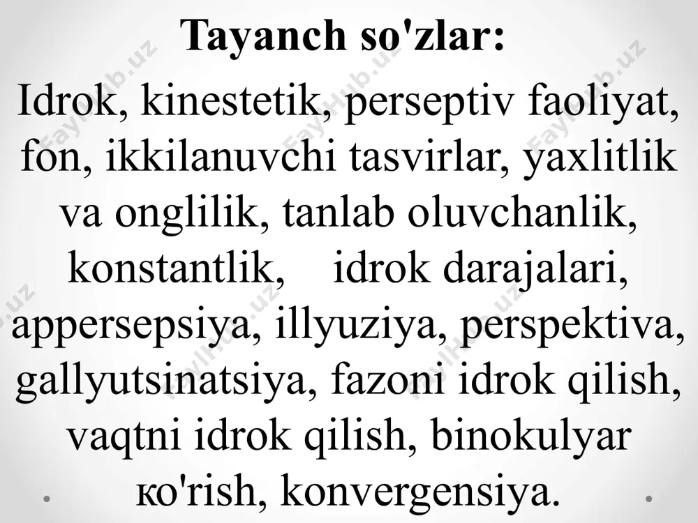 o'tkir mushoxadaligi ham idrokning sifatlariga bog'liq. k.d.ushhinskiy (1824-1870) ham ta'lim berishdagi ko'rgazmaliiik haqida so'z yuritgan; "ko'rgazmali tarzda ta'lim berish bu shunday ta'limki, u mavhum tasavvurlar va so'zlar negizida emas balki bola bevosita idrok etgan konkret obrazlar (bu obrazlar o'qish davomida, yoki murabbiyning rahbarligi ostida idrok etiladimi, yoxud ular oldinroq, bolaning mustaqil kuzatishi natijasida idrok etilganmi, bundan mustasno xolda) negizida tashkil etiladigan bo'lishi kerak..." glossariy : idrok - ayni chog'da sezgi organlariga ta'sir etib turgan narsa va hodisalarni ongimizda yaxlit aks ettlrilishidan iborat bo’lgan psixik jarayondir. fazoni idrok qilish-narsalarning ana shunday fazoviy holatlarini ко z о'ngimizda aks ettirishimizdir. vaqtni idrok etish- narsalar harakati va o'zgartshidagi oldinma-ketinlik, tezlik va davomiylikning odam ongida aks ettirilishidir. harakatni idrok etish-obyektlarning fazoda egallagan holati o'zgarishining aks ettirilishidir. kuzatish-narsa va hodisalarni rejali, izchil, ma'lum bir maqsadni ко’zlab idrok qilishdir e’tiboringiz uchun rahmat! image2.gif image3.gif image4.jpeg image5.jpeg image6.jpeg /docprops/thumbnail.jpeg