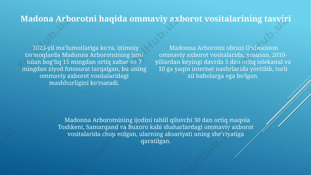 iklar paydo bo'ldi. "like a prayer" klipi kabi asarlari orqali madonna arborotni, vatikan shahri va diniy ramzlar bilan bog'liq tasvirlar orqali, 100 milliondan ortiq tomoshabinlarning e'tiborini jalb qildi va ommaviy madaniyatga kuchli ta'sir ko'rsatdi. madonna arborotni obrazi 1990-yillarning boshlarida mtv va boshqa amerika ommaviy axborot vositalarida 30 dan ortiq qo'shiqlarida namoyon bo'lib, global miqyosda mashhurlikka erishdi. kitob apparati va uning semantik yuklamasi 19-asr o'rta osiyosi kitob apparatining visual elementlari (qo'lyozma bezaklari, xattotlik uslublari, 5 ta turdagi cho'tka izlari) asarning madaniy va ijtimoiy kontekstini aniqlashga yordam beradi. kitob apparati, masalan, 16-asr buxoro xonligi davridagi qo'lyozmalardagi miniatyuralar va chegaralar, matnning semantik yuklamasini 20% ga oshirib, uning ma'no doirasini kengaytiradi. kitob apparatining tarkibiy elementlari (sarlavha, muqaddima, izohlar, 300 dan ortiq sahifalik bibliografiya) matnning tushunilishiga, samarqanddagi tarixiy manbalarga asoslanib, muhim ta'sir ko'rsatadi. kelajakdagi tadqiqotlar istiqbollari kelajakdagi tadqiqotlar madonna arborotni obrazining 1990-yillardan keyingi davr o'zbekiston televideniyesi va kinofilmlaridagi aksini 30 ta film va serial namunalari …