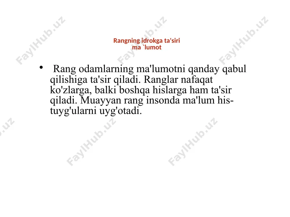 oblanadi. faol, baquvvat rahbarlar sariq va qizil ranglarni tanlaydilar. balansli, xotirjam va sovuq odamlar yashil va ko'k ranglarni yaxshi ko'radilar. kulrang va jigarrang qoplamalar ishonchsiz va uyatchan odamlar tomonidan seviladi. rangning fiziologik ta'siri haqida yashil-og'riq qoldiruvchi, gipnoz. asab tizimiga ta'sir qiladi, asabiylashish, charchoq, uyqusizlikni engillashtiradi, ohang va kayfiyatni ko'taradi. u qon bosimini pasaytiradi, shuning uchun u dorixonalarning ramzi bo'lib, tibbiyotda og'riq qo'rquvini yo'qotish uchun keng qo'llaniladi. moviy-antiseptik. yallig'lanish uchun samarali. nozik odam uchun ko'k yashil rangdan ko'ra ko'proq tinchlanish va dam olishga yordam beradi, ammo uning "dozasini oshirib yuborish" dan ba'zi depressiya va charchoq paydo bo'ladi. moviy- tinchlantiradi, yurak faoliyatini asta-sekin sekinlashtiradi, buning natijasida u ko'pincha fon rangi bo'lib xizmat qiladi. ammo tinchlantiruvchi ta'sir inhibitiv ta'sirga aylanishi va depressiyaga olib kelishi mumkin. chuqurlik hissi yaratadi. bu xayolparastlar va xayolparastlar tomonidan afzal ko'riladi. binafsha- yurak, o'pka va qon tomirlariga ta'sir qiluvchi mushak to'qimalarining chidamliligini oshiradi. bu rang kuchli irodali xarakterga ega …