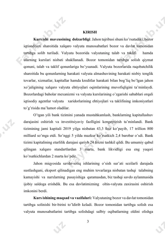1 yanvar holatiga ko’ra, bir aqsh dollari 10300 so’mni tashkil qildi. bozor iqtisodiyotini tartibga solish tizimida muhim o’rinni valyuta siyosati egallaydi. valyuta siyosati – mamlakatning joriy strategik maqsadlarga muvofiq xalqaro valyuta va boshqa iqtisodiy munosabatlar sohasida amalga oshiriladigan chora tadbirlar majmuasidir. u iqtisodiy siyosatning asosiy maqsadlariga erishishga qaratilgan, ya’ni iqtisodiyot o’sishining barqarorligi, inflyatsiya va ishsizlikning o’sishini to’xtatish, to’lov balansining tengligini ushlab turish va boshqalarni ta’minlashga qaratilgandir.valyuta siyosatining yo’nalishi va shakllari mamlakatning valyuta bo’yicha iqtisodiy vaziyati, jahon xo’jaligi evalyutsiyasi, jahonda ishlab chiqarish kuchlari joylashtirilishiga ko’ra aniqlanadi. har xil taraqqiyot osqichlarda birinchi o’rinda valyuta siyosatining aniq maqsad va masalalari chiqadi. bular: · valyuta inqirozini bartaraf etish va barqarorligini ta’minlash; · valyuta cheklashlar; · valyutani erkin ayirboshlashga o’tish; · valyuta operatsiyalarini erkinligi va boshqalardir. hukumatning valyuta siyosati valyuta qonunchiligi bilan rasmiylashtiriladi. bu qonunchilik o’z ichiga mamlakat ichida va tashqarisida valyuta qiymatliklari bilan operatsiyalarni tartibga soluvchi huquqiy qoidalar majmuasi, shuningdek, valyuta muammolari bo’yicha davlatlararo …