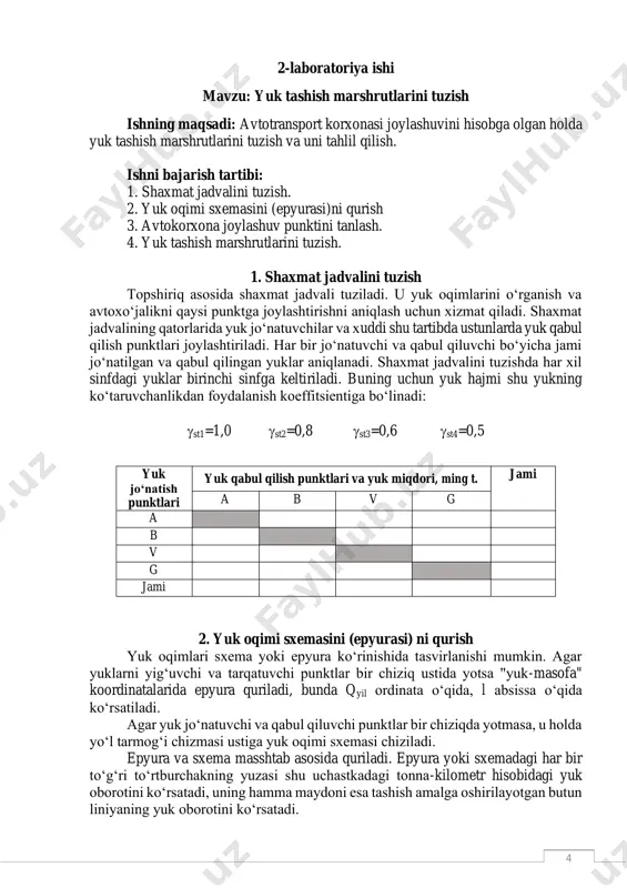 nominal yuk ko‘tarish qobiliyati, t; st - yuk ko‘tarish qobiliyatidan foydalanish statik koeffitsienti;  - bosib o‘tilgan masofadan foydalanish koeffitsienti; vt - o‘rtacha texnik tezlik, km/soat; to-t - yuk ortish-tushirish vaqti, soat; lyuk - yukli qatnov masofasi, km. topshiriq avtomobil rusumi tish, soat vt , km/soat  st to-t , soat qn , t a) yukli qatnov masofasi o‘zgarishining transport vositasi kunlik unumiga ta'siri (t, tkm) transport vositasi unumi lyuk , km 5 10 20 30 40 50 60 qk , t pk , tkm 8 b) texnik tezlik o‘zgarishining transport vositasi kunlik unumiga ta'siri (tkm) lyuk , km vt, km/soat 20 25 30 35 40 45 50 5 30 60 topshiriqda berilgan vt ning kiymati o‘rniga jadvalda ko‘rsatilgan 20, 25, ... , 50 km/soat tezliklar uchun pk hisoblanadi. v) masofadan foydalanish koeffitsienti o‘zgarishining transport vositasi kunlik unumiga ta'siri (tkm) lyuk , km  0,4 0,5 0,6 0,7 0,8 0,9 …