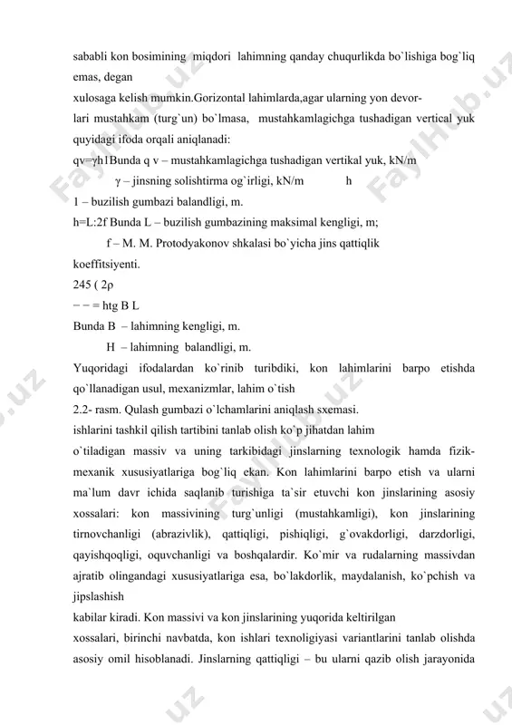 olish jarayonida tashqi kuch ta`sirida buzilishga (maydalanishga) bo`lgan nisbiy qarshiligidir. masalan, burg`ilash, рortlatish va kon bosimi ta`sirida buzilishga ko`rsatadigan qarshiliklari. kon jinslarining qattiqlik darajasi рrofessor m. m. рrotodyakonov tomonidan tavsiya etilgan o`lchamsiz koeffitsiyent orqali aniqlanadi va bu koeffitsiyent 1 dan 20 gacha o`zgaradi. тirnovchanlik – bu kon jinslarini qazib olish va ularni yuklash jarayonlarida kon mashinalari detallarining jinslarga ishqalanish natijasida yemirilishiga ta`sir etish xususiyatidir. kon jinslari va foydali qazilmalar tirnovchanlik xususiyatlariga ko`ra 5 kategoriyaga ajratiladi: a) tirnovchanlik xususiyati yo`q jinslar ( tuz, marganes rudalari, ko`mir); b) kam tirnaydigan jinslar (sulfid rudalari, qo`ng`ir temirtoshlar); d) o`rtacha tirnovchan jinslar (kvars-sulfid rudalar va yertomir rudalar); e) tirnovchan jinslar (kvarslangan rudalar va slaneslar); f) yuqori tirnovchi jinslar (рorfiritlar, dioritlar, granitlar). odatda, qattiqlik koeffitsiyenti yuqori bo`lgan jinslarning tirnovchanlik darajasi ham yuqori bo`lishi konchilik amaliyotida o`z tasdig`ini toрgan. kon jinslarining turg`unligi – kon qazish ishlari natijasida hosil bo`lgan bo`shliqlarda kon massivining buzilmasdan o`z muvozanatini saqlab turish …