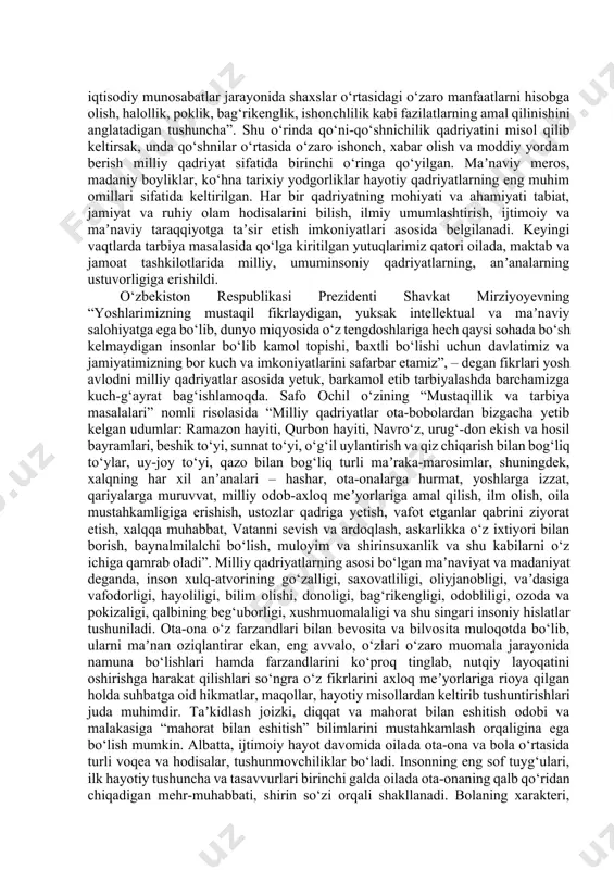 jamiyatimiz poklanishi va ravnaqining muhim omilidir. shu o‘rinda iqtisodiy va ijtimoiy-siyosiy qadriyatlar asosida davlat idoralari xodimlarining uyma-uy yurib, xalq dardini tinglash, og‘irini yengil qilish, moddiy va maʼnaviy jihatdan qo‘llab-quvvatlash ishlari yo‘lga qo‘yildi. g‘ulomxon g‘ofurov milliy anʼanalarga bag‘ishlangan maqolalaridan birida milliy qadriyatlarning quyidagi ko‘rinishlarini tilga olgan: 1) tabiiy qadriyatlar; 2) iqtisodiy qadriyatlar; 3) ijtimoiy-siyosiy qadriyatlar; 4) maʼnaviy qadriyatlar; 5) axloqiy qadriyatlar. jumladan, “ota-bobolarimiz ilm o‘rgatish bilan birga farzandlarimizga avloddan-avlodga o‘tib kelayotgan milliy-maʼnaviy, axloqiy qadriyatlarni singdirganlar.”; “o‘zbeklarning aksariyati yaqin odamlarning, qo‘shnilarning omon-esonligi to‘g‘risida g‘amxo‘rlik qilishni birinchi o‘ringa qo‘yadi. bu esa eng oliy darajadagi maʼnaviy qadriyat, inson qalbining gavharidir”; “iqtisodiy qadriyat iqtisodiy munosabatlar jarayonida shaxslar o‘rtasidagi o‘zaro manfaatlarni hisobga olish, halollik, poklik, bag‘rikenglik, ishonchlilik kabi fazilatlarning amal qilinishini anglatadigan tushuncha”. shu o‘rinda qo‘ni-qo‘shnichilik qadriyatini misol qilib keltirsak, unda qo‘shnilar o‘rtasida o‘zaro ishonch, xabar olish va moddiy yordam berish milliy qadriyat sifatida birinchi o‘ringa qo‘yilgan. maʼnaviy meros, madaniy boyliklar, ko‘hna tarixiy yodgorliklar hayotiy qadriyatlarning …