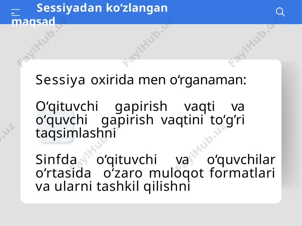 an materialni yetkazish uchun va bilim berish uchun sharpe (2008) bo’yicha o’qituvchining darsda gapirishi bu: takrorlash, to’g’irlash (qayta ko’rib chiqish), rekontekstualizatsiya va maqsadli yo’naltirilgan savol berish (o’quvchilar bilimlarini tekshirib olish) mercer bo’yicha (2000) o’qituvchining darsda gapirishi bu: xulosa yasash, maqsadli yo’naltirilgan savol berish, o’quvchilar tushunmasa boshqa so’zlar bilan tushuntirish, ko’rsatmalar berish время разговора учителя что такое время разговора учителя? в общих чертах учитель говорит: для передачи знаний, для обучения материала и для передачи знаний согласно шарпу (2008), речь учителя на уроке заключается в следующем: повторение, исправление (пересмотр), реконтекстуализация и целенаправленное задавание вопросов (проверка знаний учащихся) по мерсеру (2000) речь учителя на уроке сосредоточена на это : делать выводы (в конце урока), задавать целенаправленные вопросы, если ученики не понимают объяснять другими словами, давать инструкции o’qituvchi gapirish vaqti sinkleyr va kultard (1975) dars jarayonidagi kommunikatsiyani o’zi iligari surgan ‘irf’ modeli bilan izohlaydi: ‘i’ (initiation) – tashabbus (o’qituvchi tomonidan ) ‘r’ (response) – …
